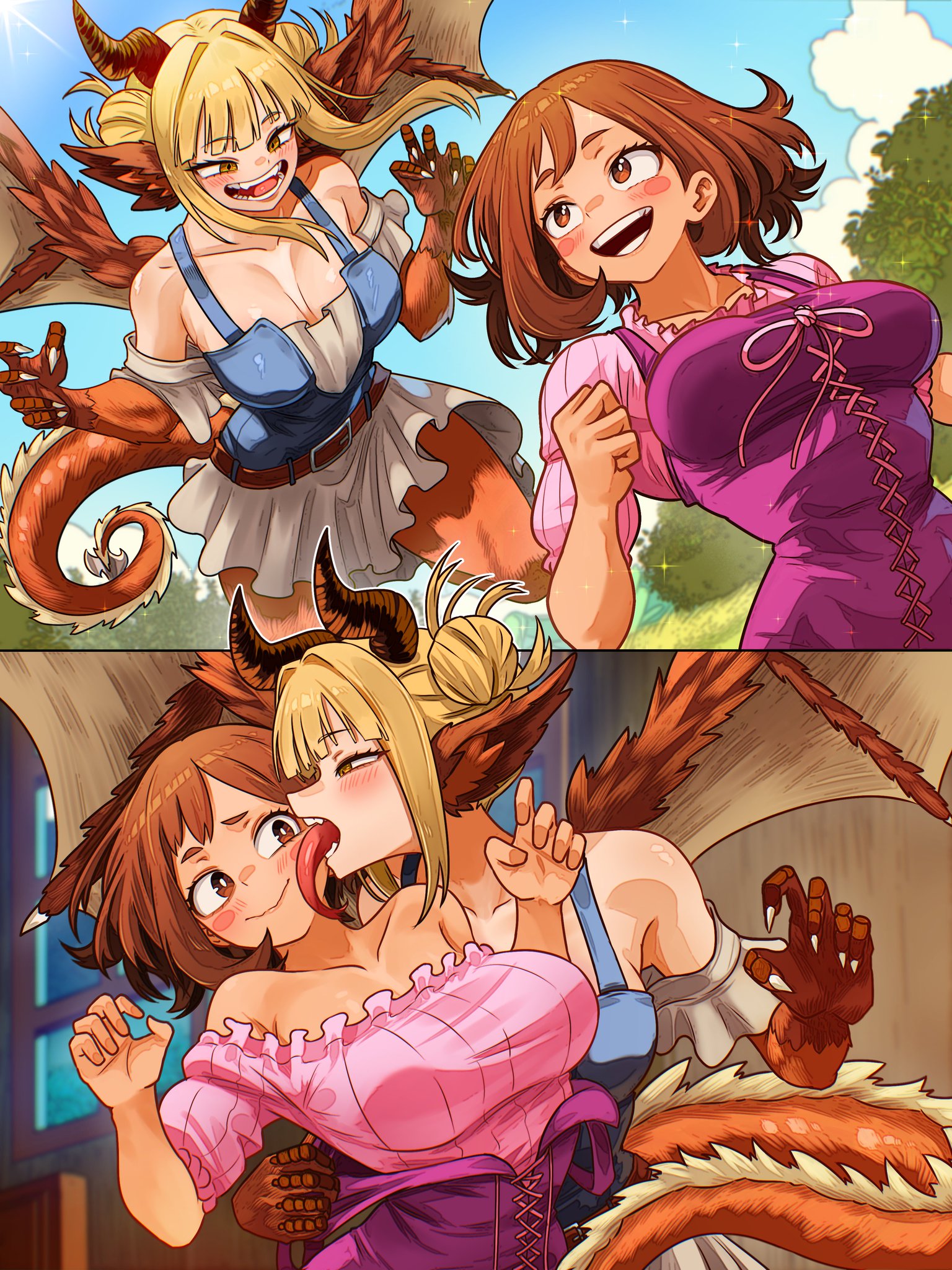 2girls, blonde hair, blonde-haired female, boku no hero academia, brown hair, brown-haired female, cute, female, himiko toga, licking, my hero academia, ochako uraraka, smile, toga himiko, uraraka ochaco, uraraka ochako, vlizz, yuri