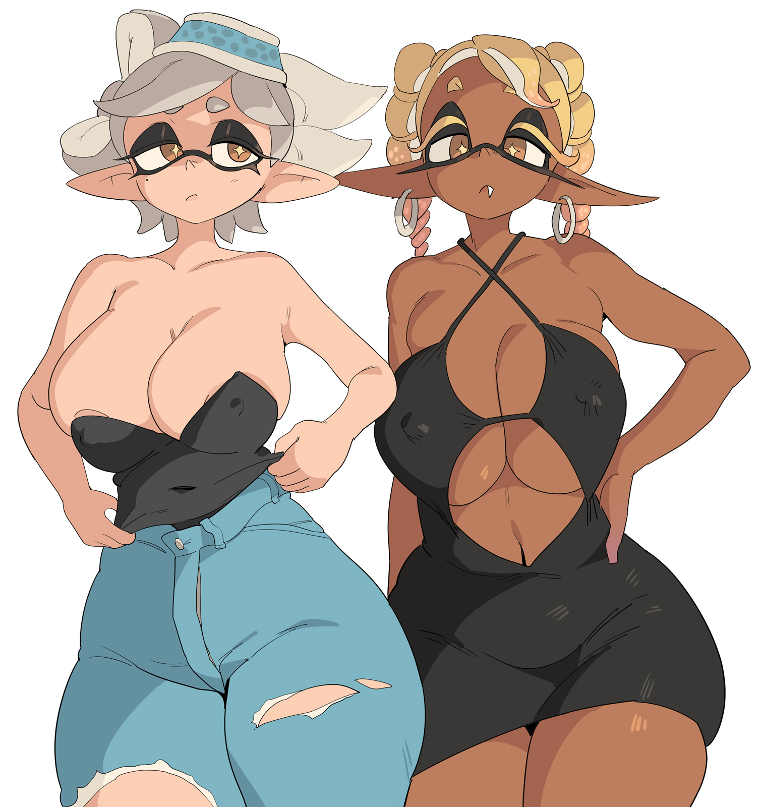 2girls, breasts, chocolate and vanilla, cleavage, clothed, dark skin, dark-skinned female, dress, female, female only, frye (splatoon), huge breasts, inkling, jeans, light skin, light-skinned female, marie (splatoon), naughty face, nintendo, nipples visible through clothing, splatoon, splatoon (series), splatoon 3, tentacle hair, thick thighs, white background, white hair, wide hips, yellow hair, yuta agc