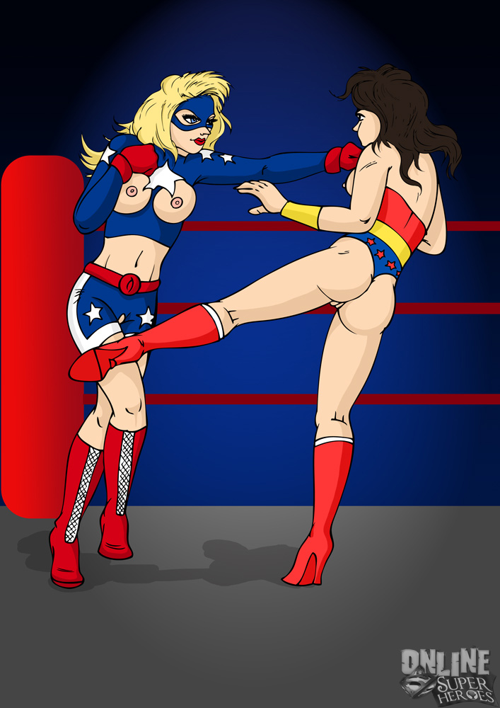 2girls ass black_hair blonde_hair boxing_ring breast_cutout breasts dc dc_comics female female_only fighting high_heel_boots justice_league knee_boots labia multiple_girls nipples online_superheroes punch punching pussy_cutout sparring stargirl tagme unknown_artist wonder_woman wonder_woman_(series)