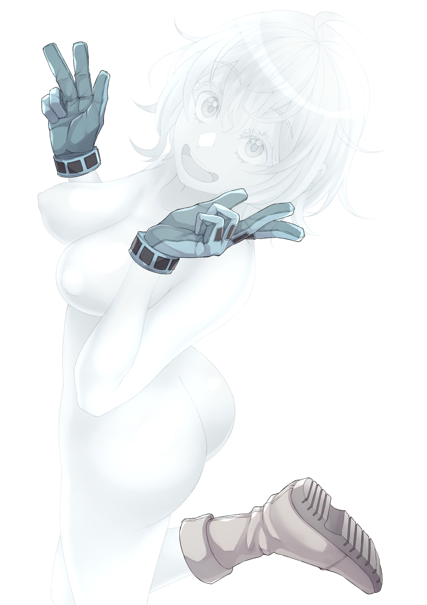 1girls, ass, big ass, big breasts, boots, breasts, canon costume, casual, exposed torso, eye contact, female, female focus, female only, footwear, gloves, hagakure tooru (visible), handwear, human, kobaji, looking at viewer, mostly nude, my hero academia, naked boots, naked footwear, naked gloves, nude, pale skin, peace sign, short hair, solo, thick thighs, thighs, tooru hagakure, tooru hagakure (visible), transparent body, white background