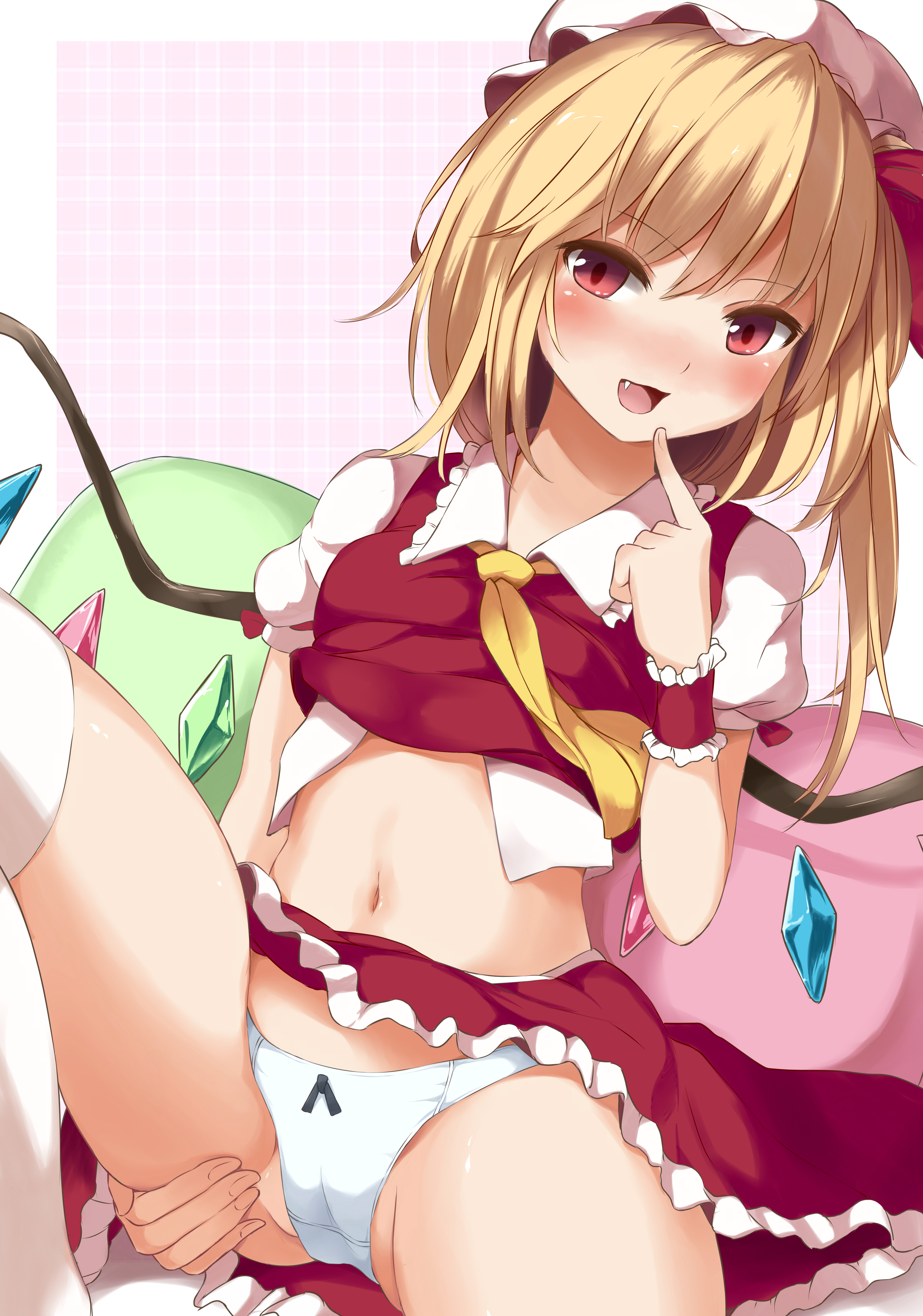 1girls, blonde hair, cameltoe, fang, female, female focus, female only, flandre scarlet, inviting, inviting to sex, medium hair, monster girl, panties, pussy, spread legs, techi (techi35499), touhou, vampire, wings