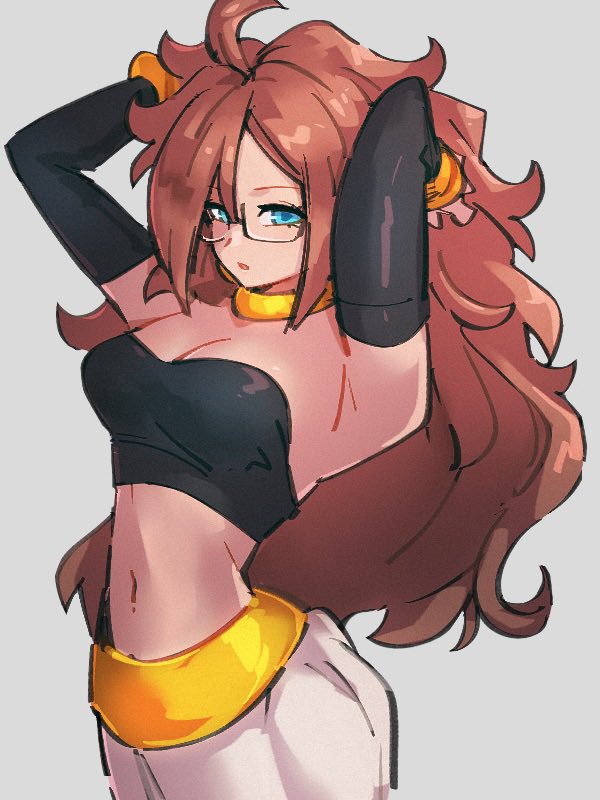 android_21 android_21_(human) arched_back arms_behind_head arms_up blue_eyes breasts brown cleavage dragon_ball dragon_ball_fighterz glasses hair kemachiku large_breasts long_hair pants tubetop