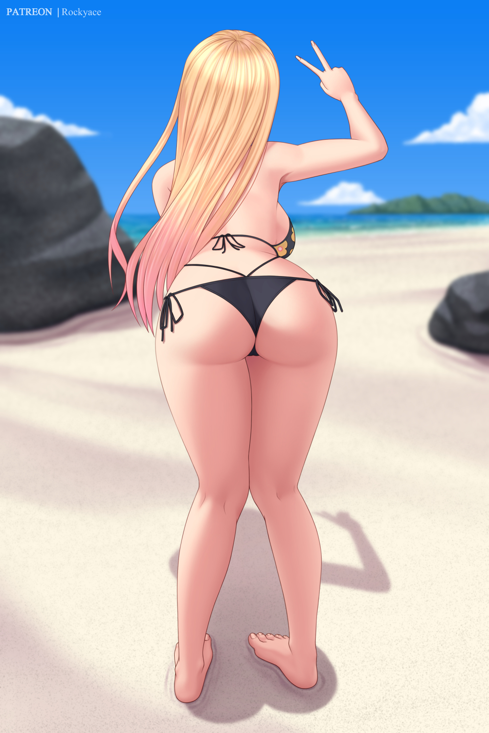 1girls, ass, back view, backboob, beach, bikini, blonde hair, breasts, female, female focus, female only, gyaru, kitagawa marin, long hair, peace sign, rocky-ace, solo, sono bisque doll wa koi wo suru, standing, thick thighs, thighs, v