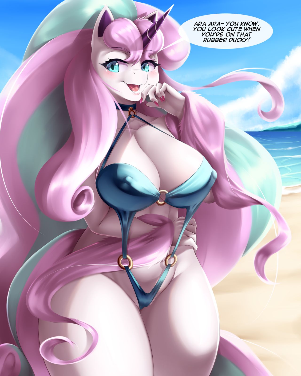 anthro beach bikini blue_eyes blush breasts day dialogue eyelashes female_pokemon furry furry_only galarian_rapidash game_freak hips horn horse humanoid lipstick looking_at_viewer mleonheart nintendo partially_clothed pokémon_(species) pokemon pokemon_ss rapidash regional_form_(pokémon) smile smiling smiling_at_viewer speech_bubble tail thighs two_tone_hair white_body