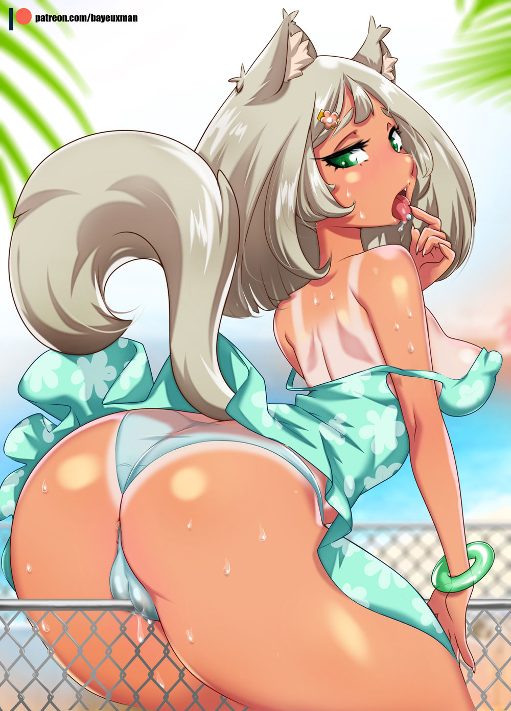 animal ears, bayeuxman, erect nipples, female, female only, fence, grey hair, nipples, panties, tail, tan, tan lines, tanline, tongue, tongue out