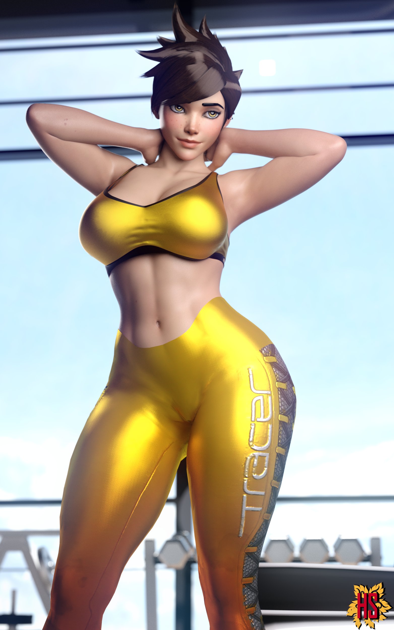 1girls, 3d, abs, big breasts, blizzard entertainment, breasts, cameltoe, cleavage, female, female only, hagiwara studio, muscular, muscular female, overwatch, pose, pussy, solo female, sports bra, thick thighs, tracer, yoga pants