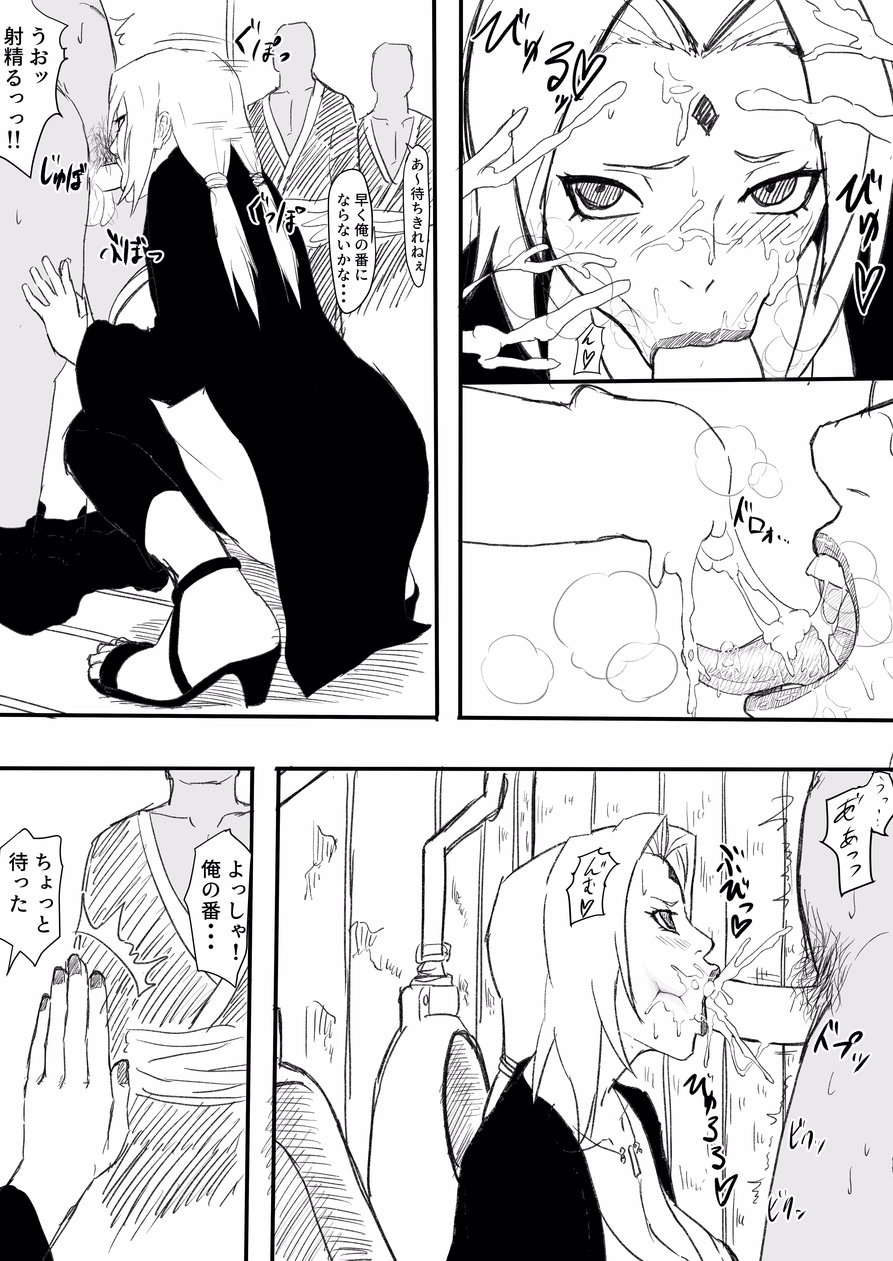 :>=, black and white, blowjob, cum, cum in mouth, cum leaking, cumdrip, cumshot, faceless male, fellatio, female, female focus, gangbang, iwao178, male, mature, mature female, monochrome, multiple boys, multiple males, naruto, naruto (classic), naruto (series), naruto shippuden, oral, oral sex, public bathroom, tsunade