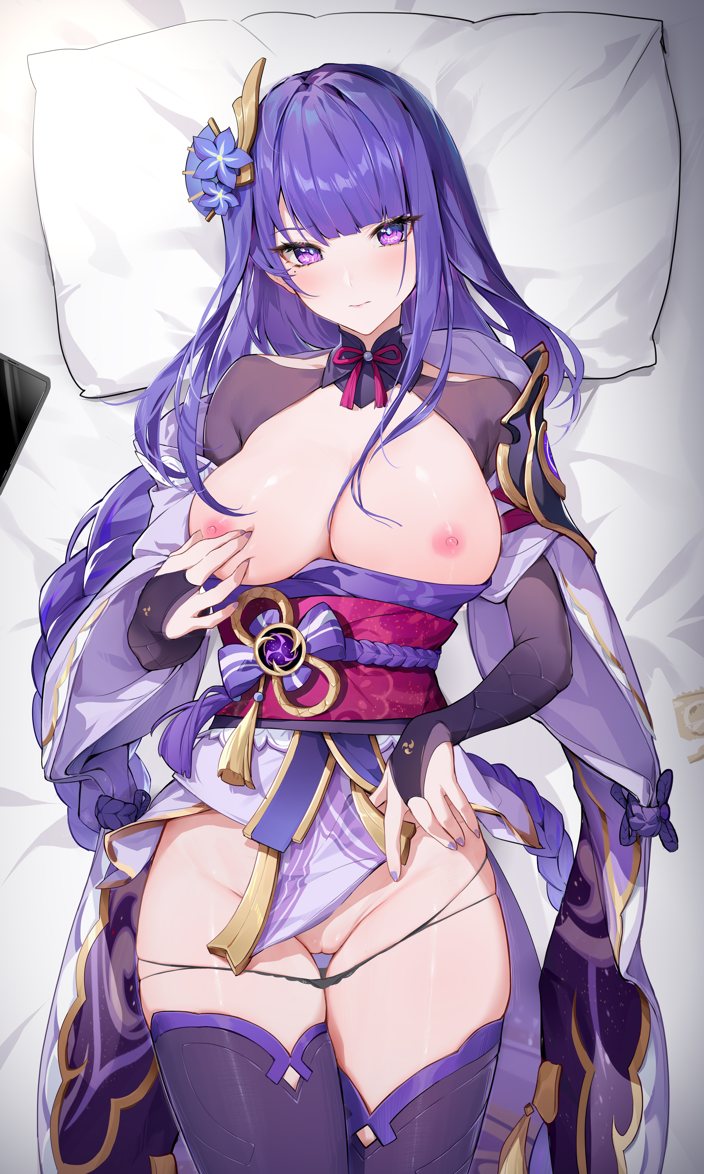 1girls, absurd res, areolae, bangs, bare shoulders, bed, bed sheet, bedroom, black panties, black underwear, braid, braided ponytail, breast slip, breasts, bridal gauntlets, clavicle, cleavage, clothes pull, clothing, curvaceous, curvy female, erect nipples, eyebrows visible through hair, female, female only, flower, genshin impact, hair between eyes, hair flower, hair ornament, headdress, headwear, hi res, houkiboshi (mmjw7432), indoors, kimono, lace trim, lace-trimmed panties, large breasts, legwear, light skin, light-skinned female, lips, long hair, long sleeves, looking at viewer, lying, lying on bed, mole, mole under eye, nail polish, nipples, off shoulder, on back, on bed, panties, pillow, pink lips, ponytail, purple eyes, purple hair, purple legwear, purple nails, raiden shogun, robe, sash, shiny, shiny skin, solo, thighhighs, thighs, thong, tied hair, underwear, very long hair, voluptuous, wardrobe malfunction, wide sleeves