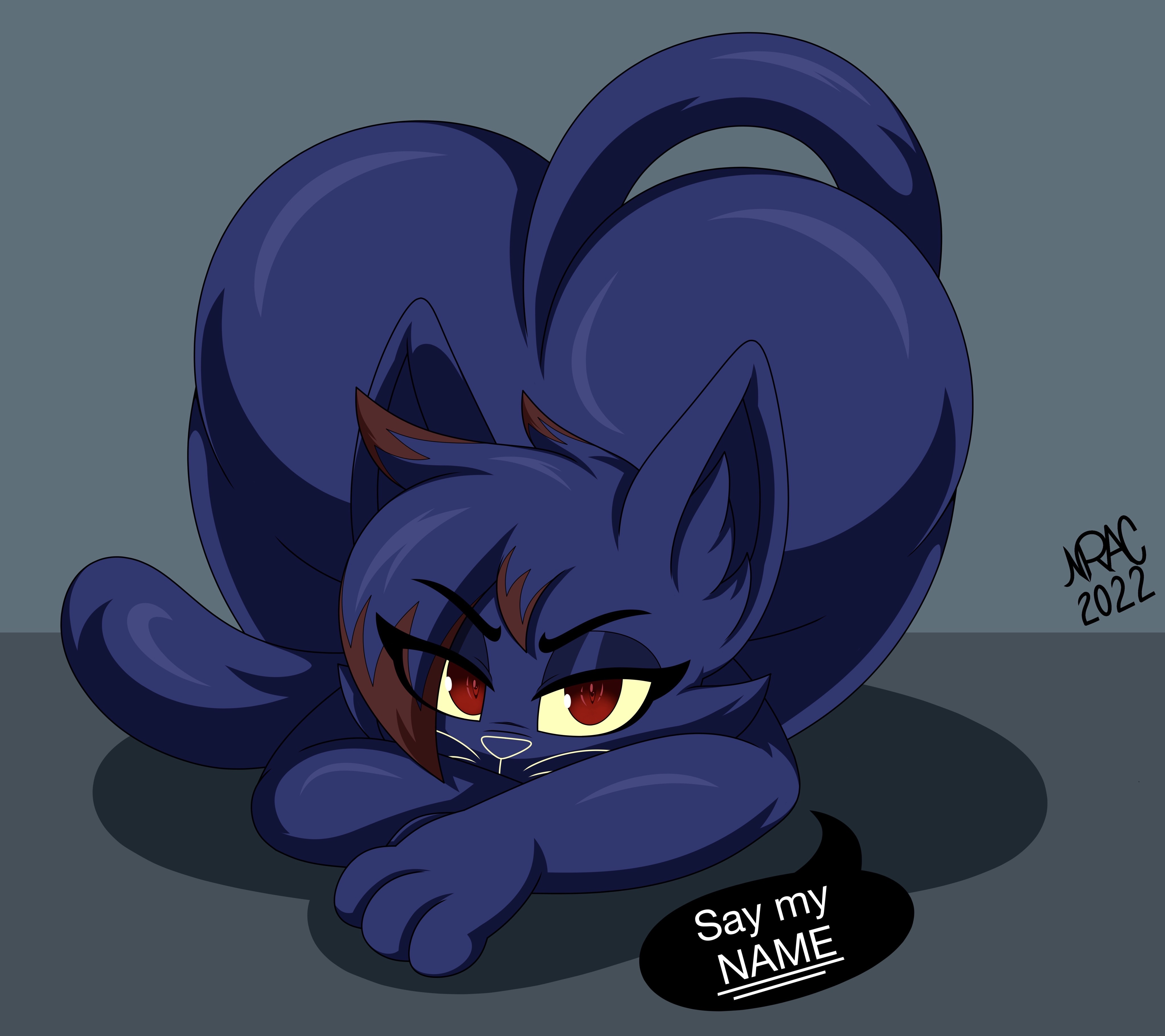 1girls, 2022, absurd res, all fours, anthro, artist name, ass, ass up, big ass, big butt, blue body, blue fur, blue hair, dialogue, digital media (artwork), domestic cat, english text, eyelashes, eyeshadow, felid, feline, felis, female, female focus, female only, fingers, fur, hair, hi res, highlights (coloring), huge ass, huge butt, inner ear fluff, long tail, looking at viewer, mae borowski, makeup, mammal, multicolored hair, night in the woods, nr ac, nude, red eyes, red hair, red highlights, short hair, signature, simple background, solo, talking to viewer, text, thick thighs, tuft, two-tone hair, video games, whiskers, wide hips, yellow sclera