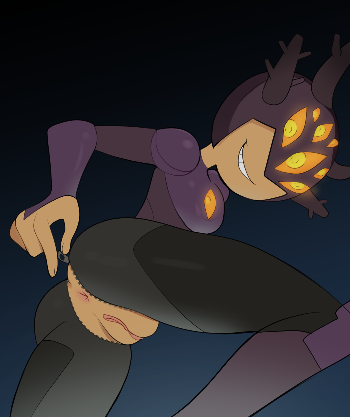 1girls, amphibia, anus, armor, artist request, ass, darcy wu, disney, disney channel, female, female only, grin, helmet, horns, marcy wu, multi eye, pose, pussy, smile, solo, straight hair, tagme (artist), wide hips, yellow eyes, zipper