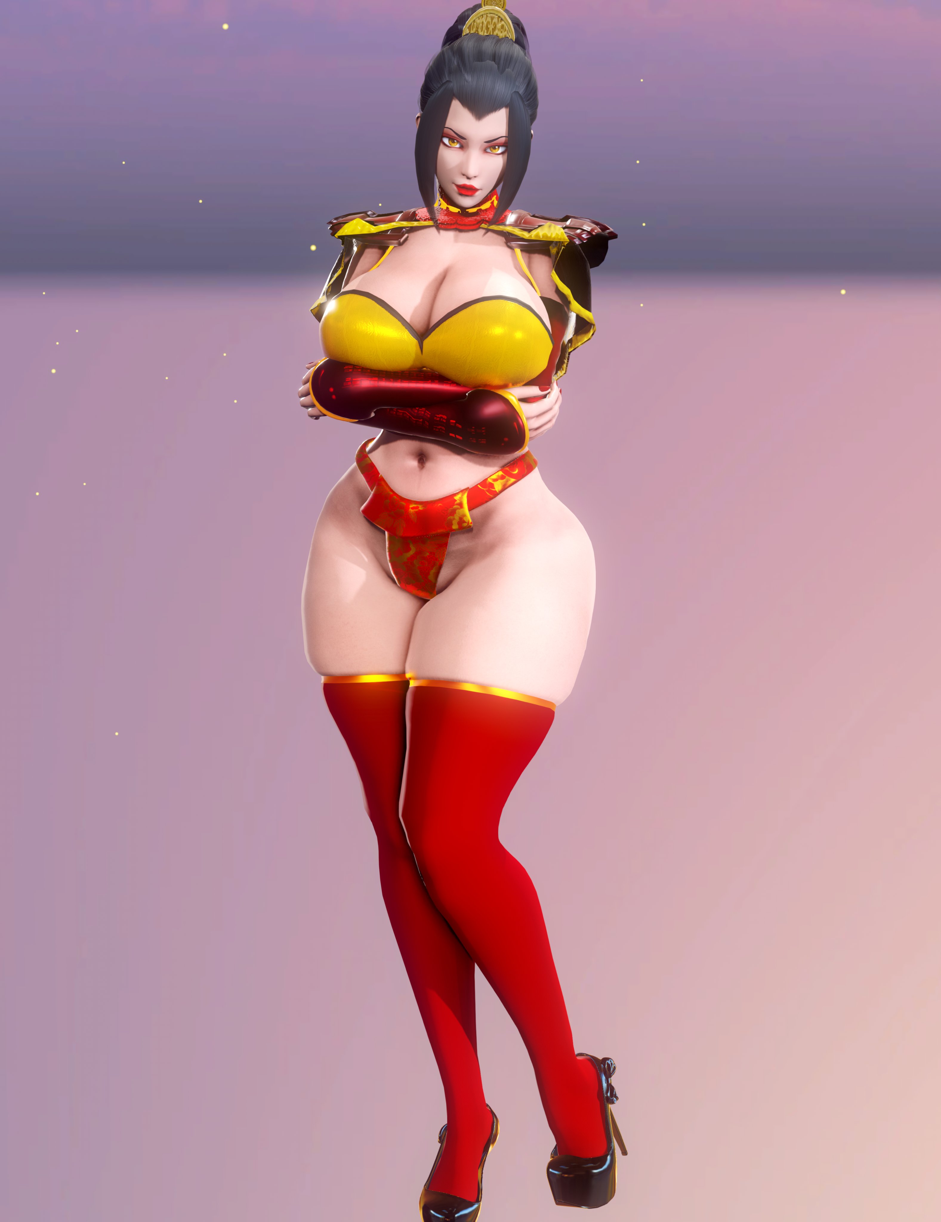 3d, armor, avatar the last airbender, azula, belly button, big breasts, black hair, bra, bracers, breasts, clothing, female, female only, fingernails, fire nation, fire nation clothing, golden eyes, hair bun, hair pin, heels, honey select, huge breasts, large breasts, light skin, light-skinned female, lipstick, looking at viewer, nail polish, navel, nickelodeon, panties, pauldron, prevence, red nails, stockings, thick thighs, thighhighs, wide hips