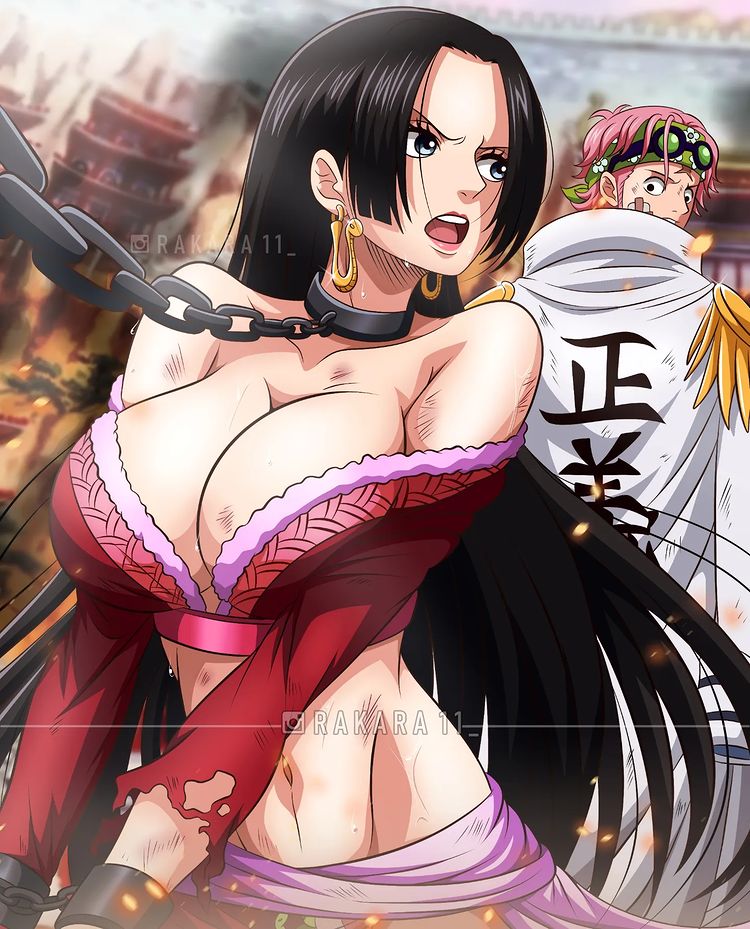 1boy, 1girls, big breasts, black eyes, black hair, black-haired female, boa hancock, breasts, captured, chains, defeated, defeated heroine, female, island, koby (one piece), linea alba, long hair, male, marine, one piece, pink hair, pink-haired male, prisoner, rakara11, red clothing, sea