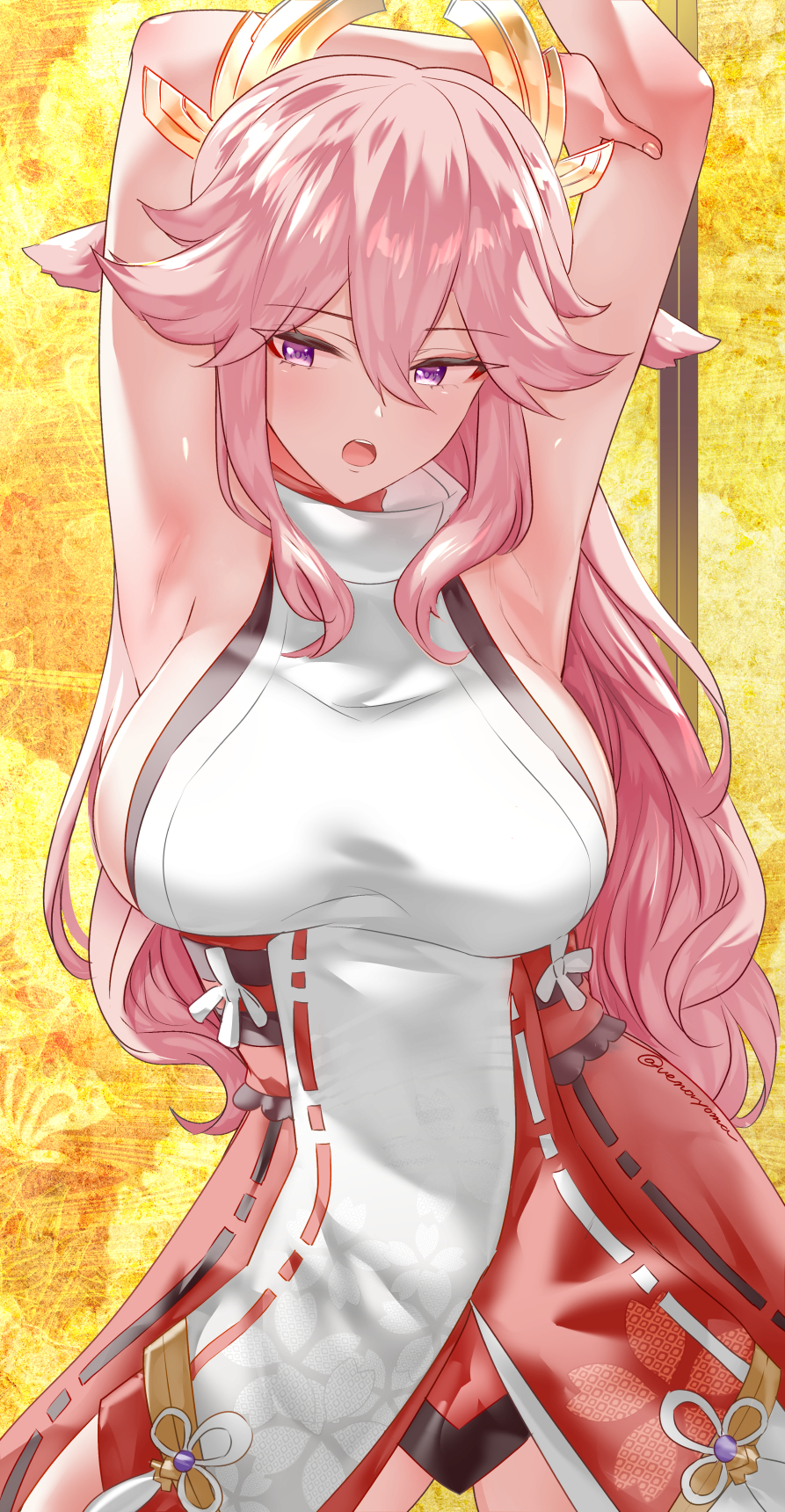 1girls, 2022, animal ears, armpit fetish, armpits, arms above head, arms up, arms up pose, bare arms, breasts, female, female only, fingernails, fox ears, fox girl, genshin impact, hips, indoors, kitsune, large breasts, long hair, miko, open mouth, pink hair, purple eyes, shrine maiden, slim waist, sweat, sweaty body, thick thighs, thighs, uenoryoma, white clothing, wide hips, yae miko