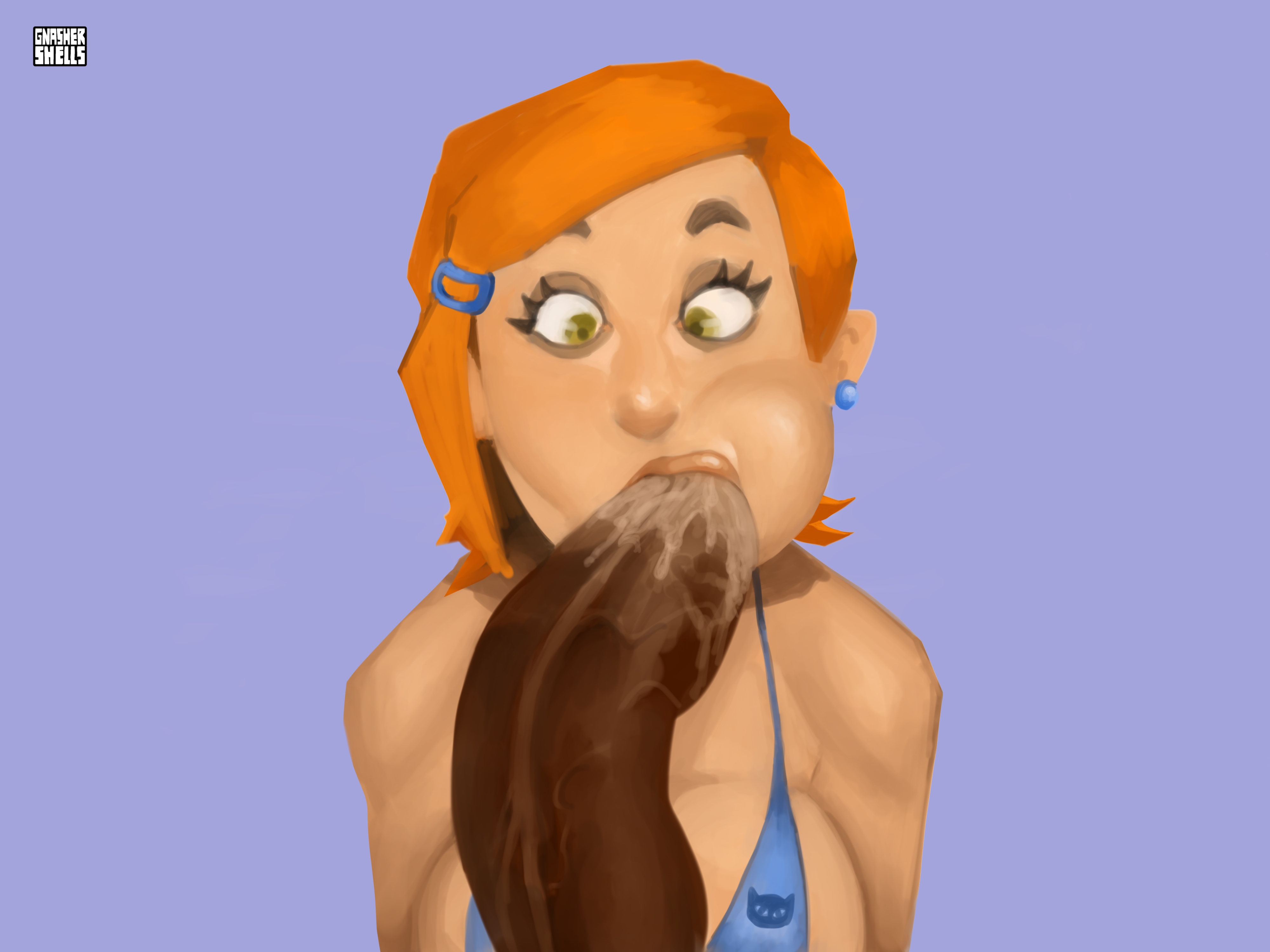 1boy, 1girls, ben 10, ben 10 (classic), big penis, cartoon network, cheek bulge, dark skin, dark-skinned male, fellatio, female, gnashershells, green eyes, gwen tennyson, gwen tennyson (classic), interracial, light skin, light-skinned female, male, mouthful, oral, orange hair, penis, pov, teenager, wide eyed
