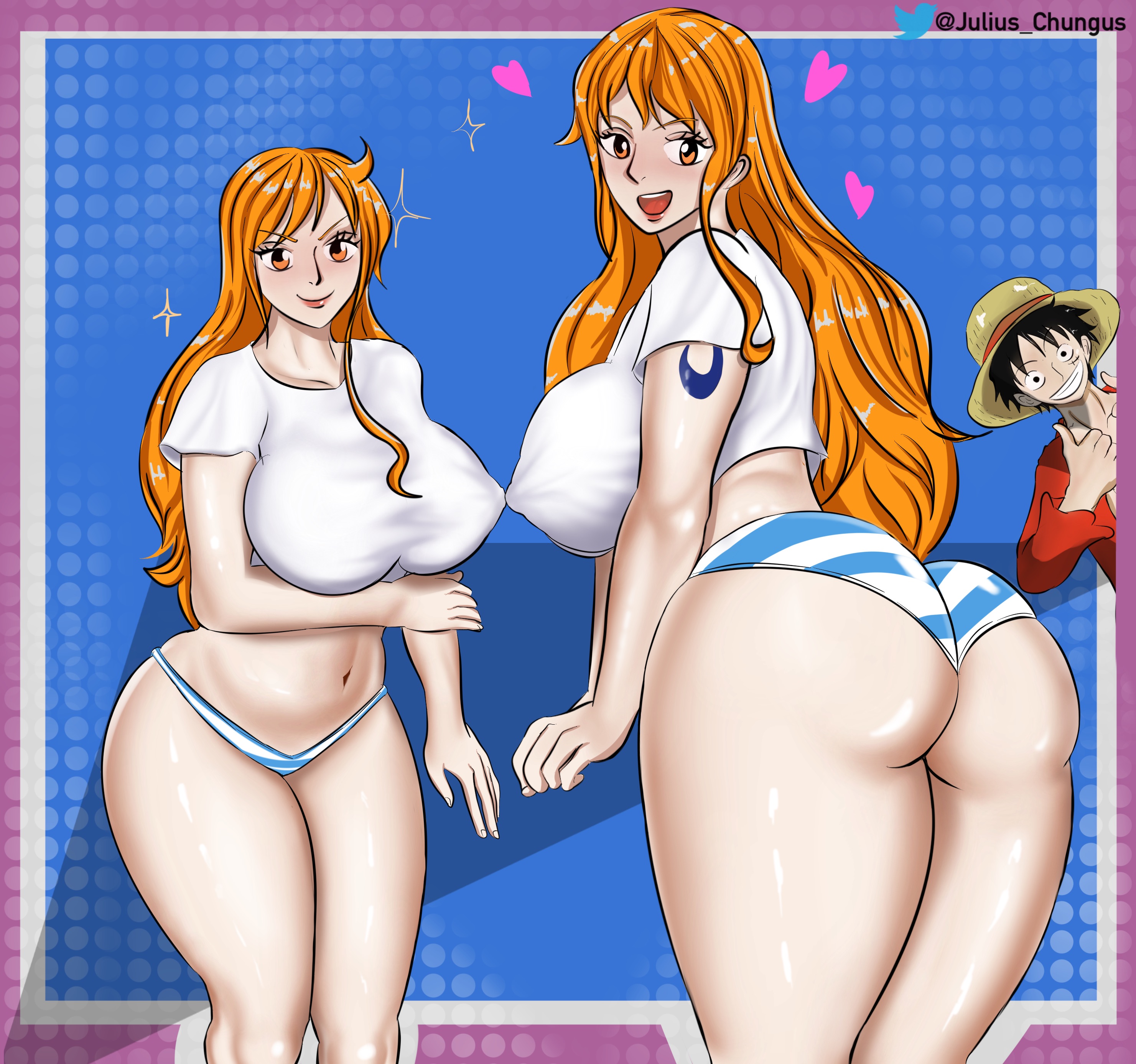 1boy, 1girls, abs, areolae, arm tattoo, bare breasts, black hair, black-haired male, blue tattoo, breasts, curvy, erect nipples, eyelashes, female, huge areolae, huge breasts, kokuji788, large breasts, light skin, light-skinned female, long hair, male, monkey d luffy, nami (one piece), nipples, no pants, one piece, orange hair, orange-haired female, post-timeskip, smile, swimsuit, swimwear, tattoo, thick thighs, wide hips