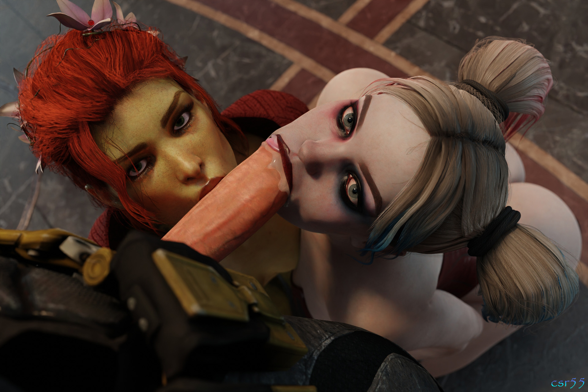 1boy, 2girls, 3d, assisted fellatio, assisted sex, batman, batman (bruce wayne), batman (series), batman: arkham knight, blender, blonde hair, blowjob, bruce wayne, csr55, dc, dc comics, female, green skin, green-skinned female, harley quinn, harley quinn (injustice), huge cock, injustice 2, male, pale skin, pamela isley, penis, poison ivy, poison ivy (arkham knight), poison ivy (arkham), red hair, teamwork