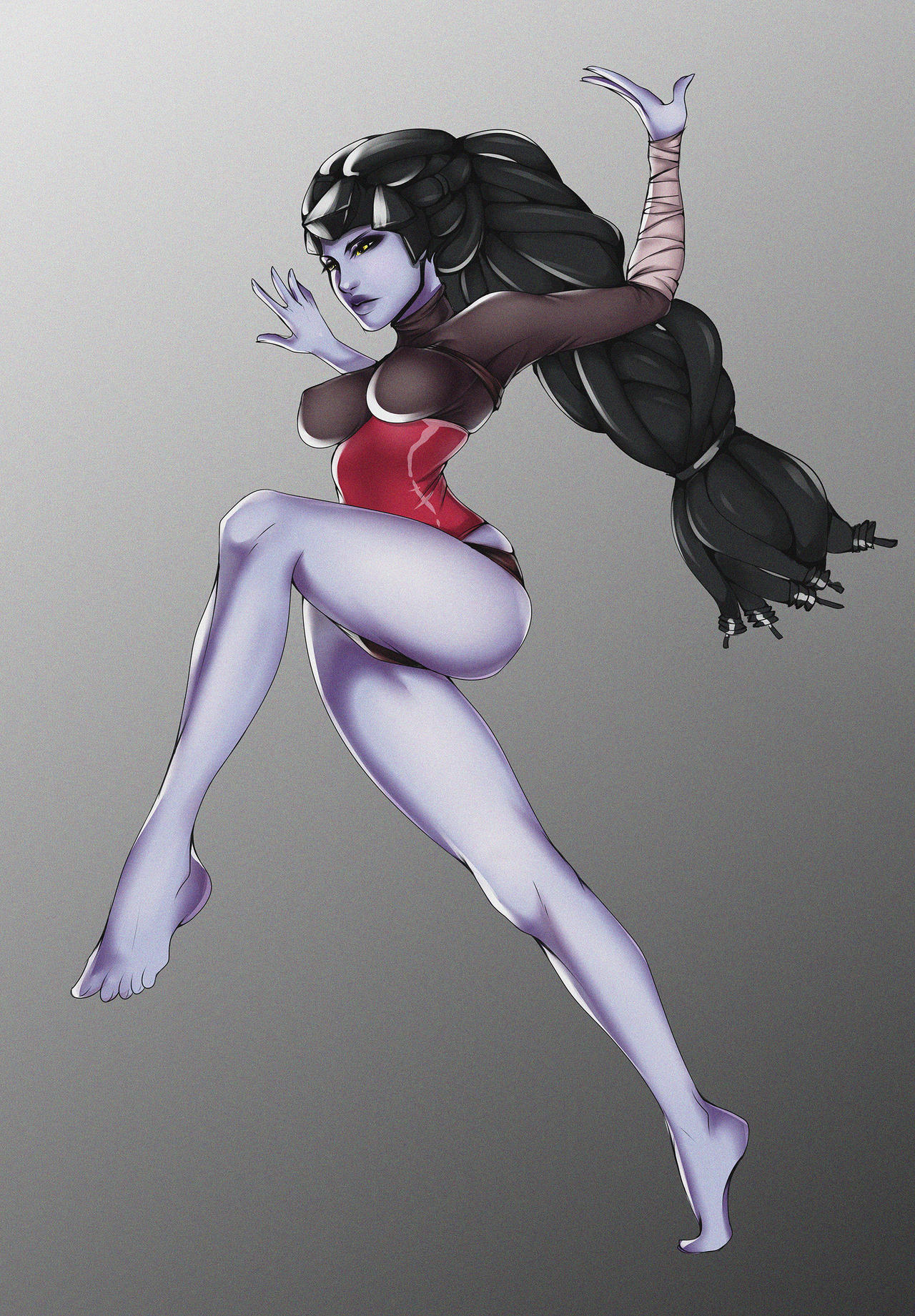 arms_up ballet barefoot female female_only kroshkarammy long_hair official_alternate_costume overwatch purple_skin widowmaker