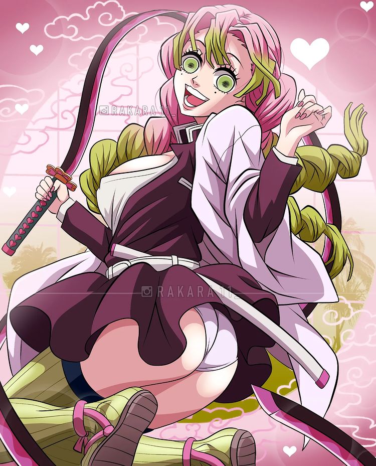 1girls, ass, big ass, demon slayer, female, female only, green eyes, heart, horny, kanroji mitsuri, katana, kimetsu no yaiba, legs, mouth, open mouth, panties, pink hair, pink-haired female, rakara11, sandals, skirt, smile, uniform, upskirt, white panties