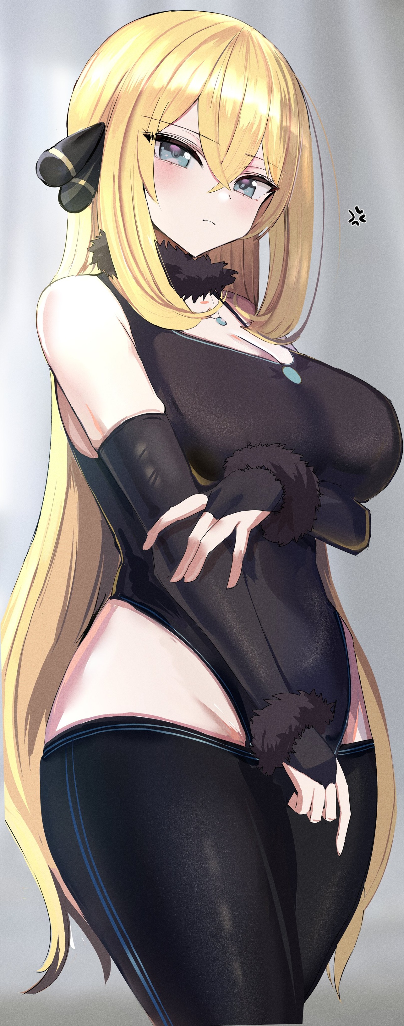 adamant369, anger vein, bad id, big breasts, blonde hair, breasts, bridal gauntlets, covering crotch, cynthia (pokemon), embarrassed, female, hair ornament, nintendo, pokemon, pokemon dppt, revealing clothes, silver eyes, wide hips