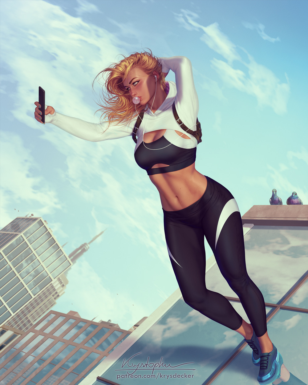 1girls 2022 2d 2d_(artwork) abs athletic_female bare_midriff basket blonde_hair bubble_gum city city_background cleavage cleavage_cutout crop_top female female_only fingerless_gloves fully_clothed gloves gwen_stacy hi_res krysdecker long_sleeves marvel marvel_comics medium_breasts midriff shoes short_hair solo spider-gwen spider-man_(series) sports_bra sportswear taking_selfie tight_clothing toned_female yoga_pants