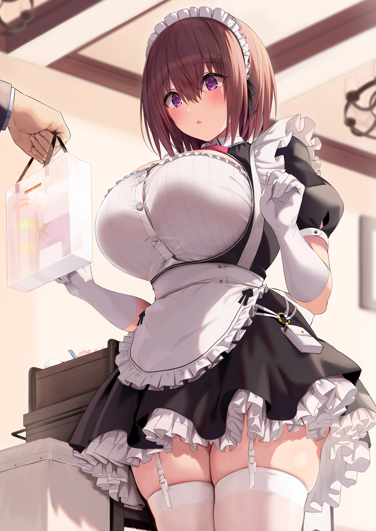 :o, 1boy, 1girls, 2022, apron, bag, black dress, blue gk, blush, breasts, button gap, cleavage, cleavage cutout, dress, eyebrows visible through hair, female, female focus, frilled dress, frills, garter straps, gift bag, gloves, hair between eyes, hat, highres, holding bag, huge breasts, indoors, large breasts, looking at object, maid, maid headdress, maid uniform, male, offering, offscreen character, original, original character, panties, pantyshot, pantyshot (standing), puffy short sleeves, puffy sleeves, purple eyes, short hair, skindentation, standing, surprised, thick thighs, thighhighs, thighs, tongue, underwear, w arms, waist apron, white gloves, white panties, wholesome, zettai ryouiki