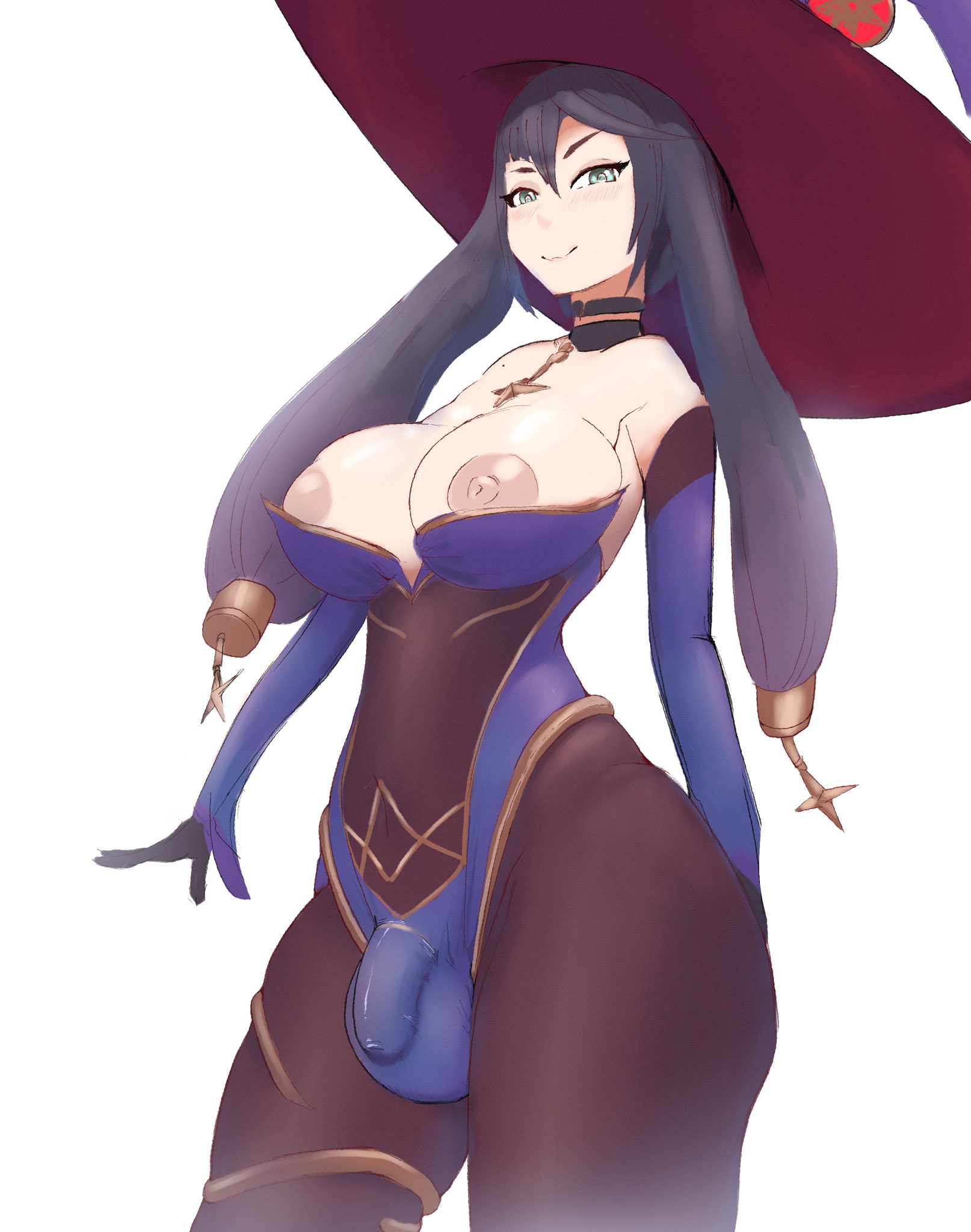 1futa, areolae, balls, big breasts, black hair, bodystocking, breasts, clothed, clothing, flaccid, futa only, futanari, genshin impact, gold (metal), huge balls, human, intersex, jewelry, light skin, light-skinned futa, long hair, mona (genshin impact), mostly clothed, nipples, nsfwsal, penis, small penis, solo, standing, thick thighs, twintails, wide hips
