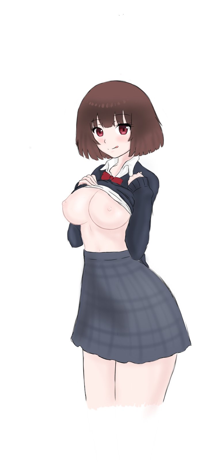 :p brown_hair flashing medium_hair pink_eyes school_uniform starvtuber tagme virtual_youtuber