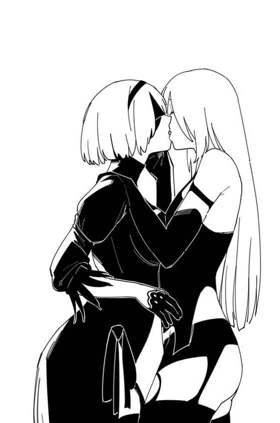 2girls, artist request, ass, big ass, big butt, female, female only, kissing, monochrome, nier (series), nier: automata, source request, tagme, yorha 2b, yuri
