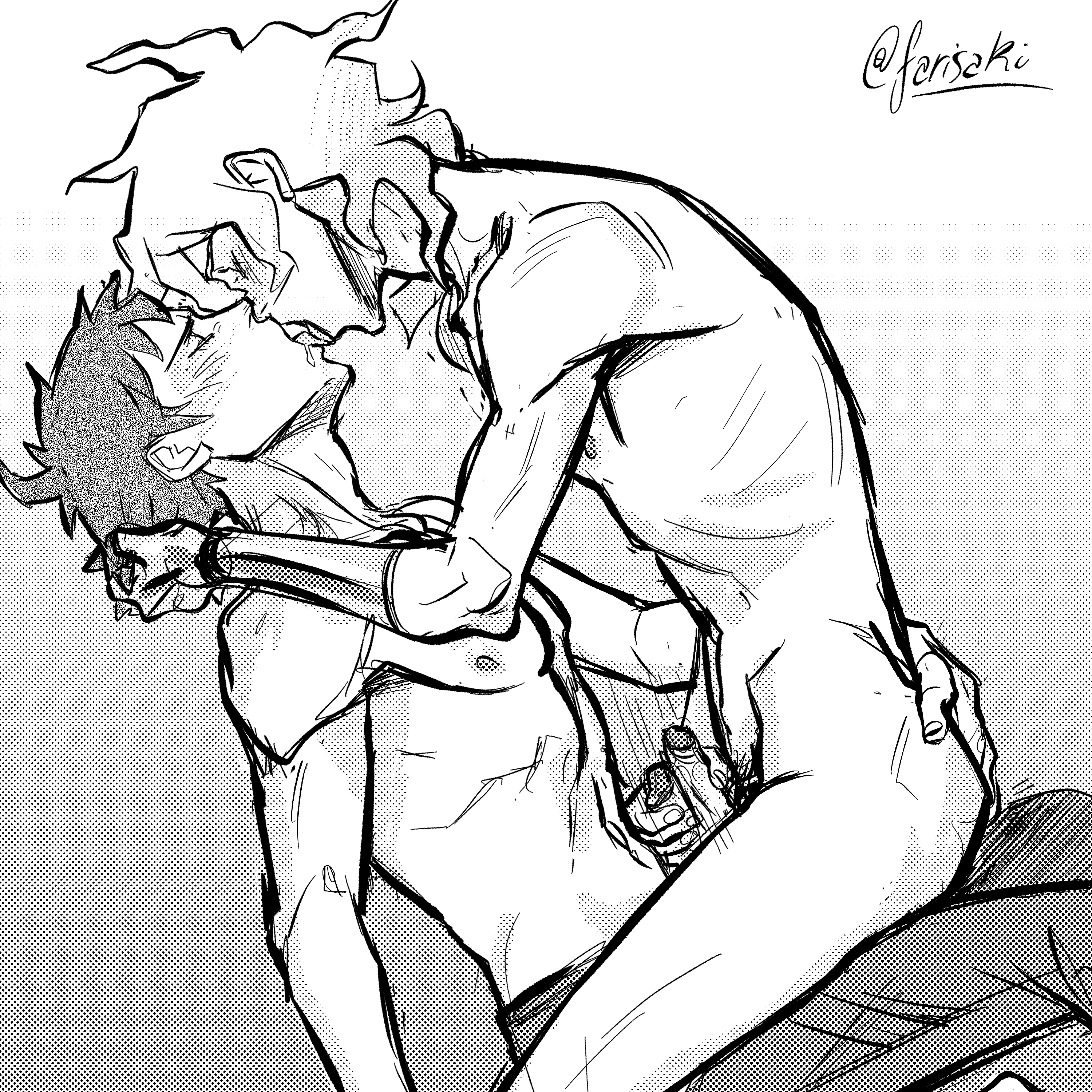 2boys, artist name, ass, bottomless, closed eyes, danganronpa, danganronpa 2: goodbye despair, french kiss, frottage, fuckysaki, gay, hand on ass, handjob, hinata hajime, kissing, male, male only, male/male, monochrome, nagito komaeda, penis, robotic arm, sitting, sitting on lap, sitting on person, straight hair, tongue, tongue kiss, tongue out, topless, yaoi