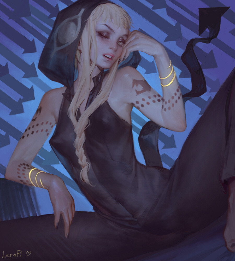aleriia v, black eyes, black nails, lerapi, long hair, makeup, medusa gorgon, pointy nipples, see-through clothing, solo, soul eater, tattoo, tattoos, yellow hair