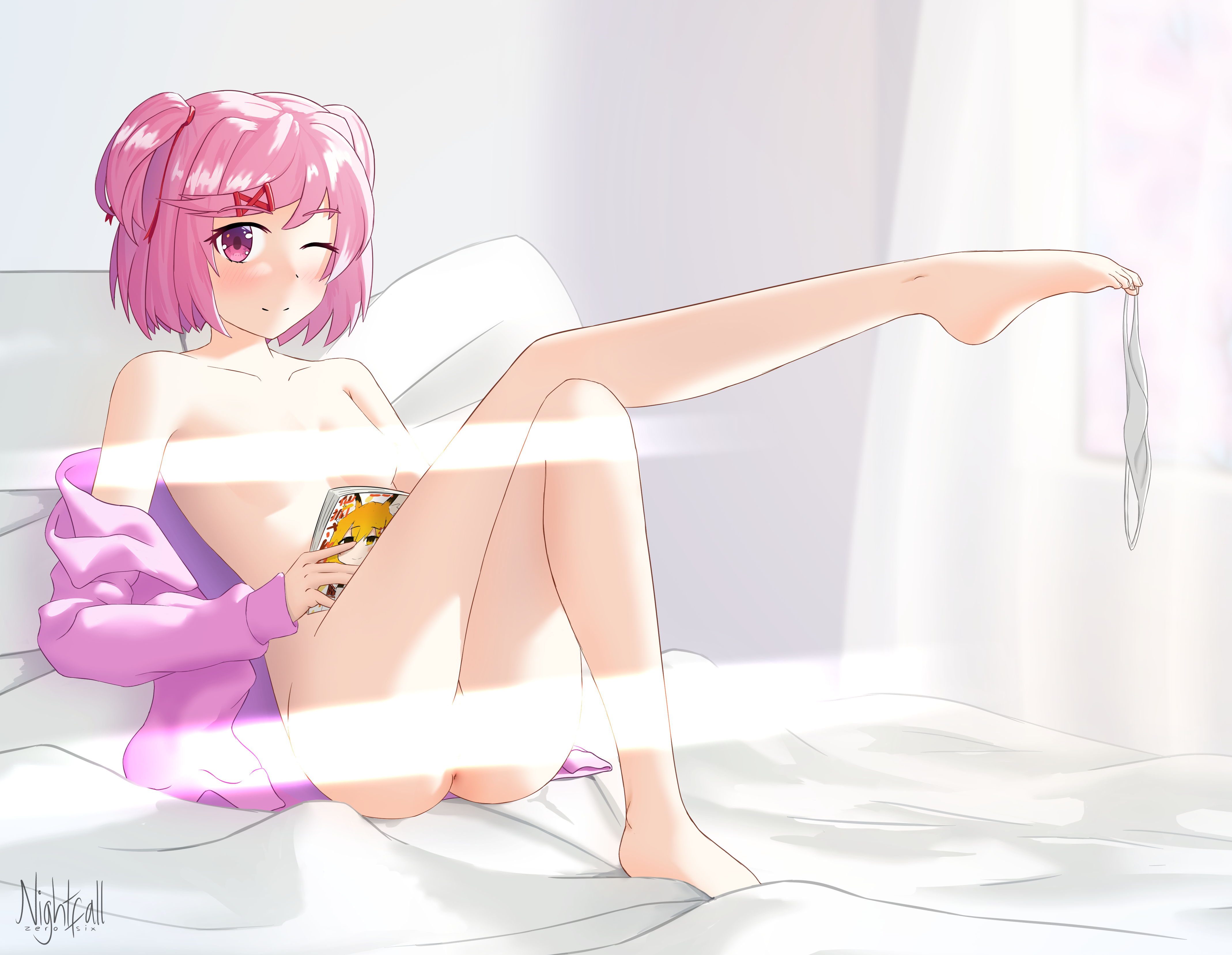 1girls, accessory, anus, areola, areolae, artist name, ass, bangs, bed, bed sheet, blush, book, breasts, censored, clavicle, collarbone, convenient censoring, doki doki literature club, feet, female, functionally nude, functionally nude female, genitals, hair, hair accessory, hair ornament, hairclip, hairless pussy, holding, holding book, holding object, indoors, light skin, light-skinned female, manga, matching hair/eyes, mostly nude, naked, natsuki (doki doki literature club), nightfallewd, nightfallzerosix, nipples, nude, on bed, one eye closed, paipan, pale skin, pale-skinned female, panties, panties removed, pink eyes, pink hair, pussy, senko (sewayaki kitsune no senko-san), sewayaki kitsune no senko-san, short hair, sitting, sitting on bed, small breasts, smile, solo, solo female, swept bangs, thighs, tied hair, twintails, underwear, underwear removed, vagina, wink