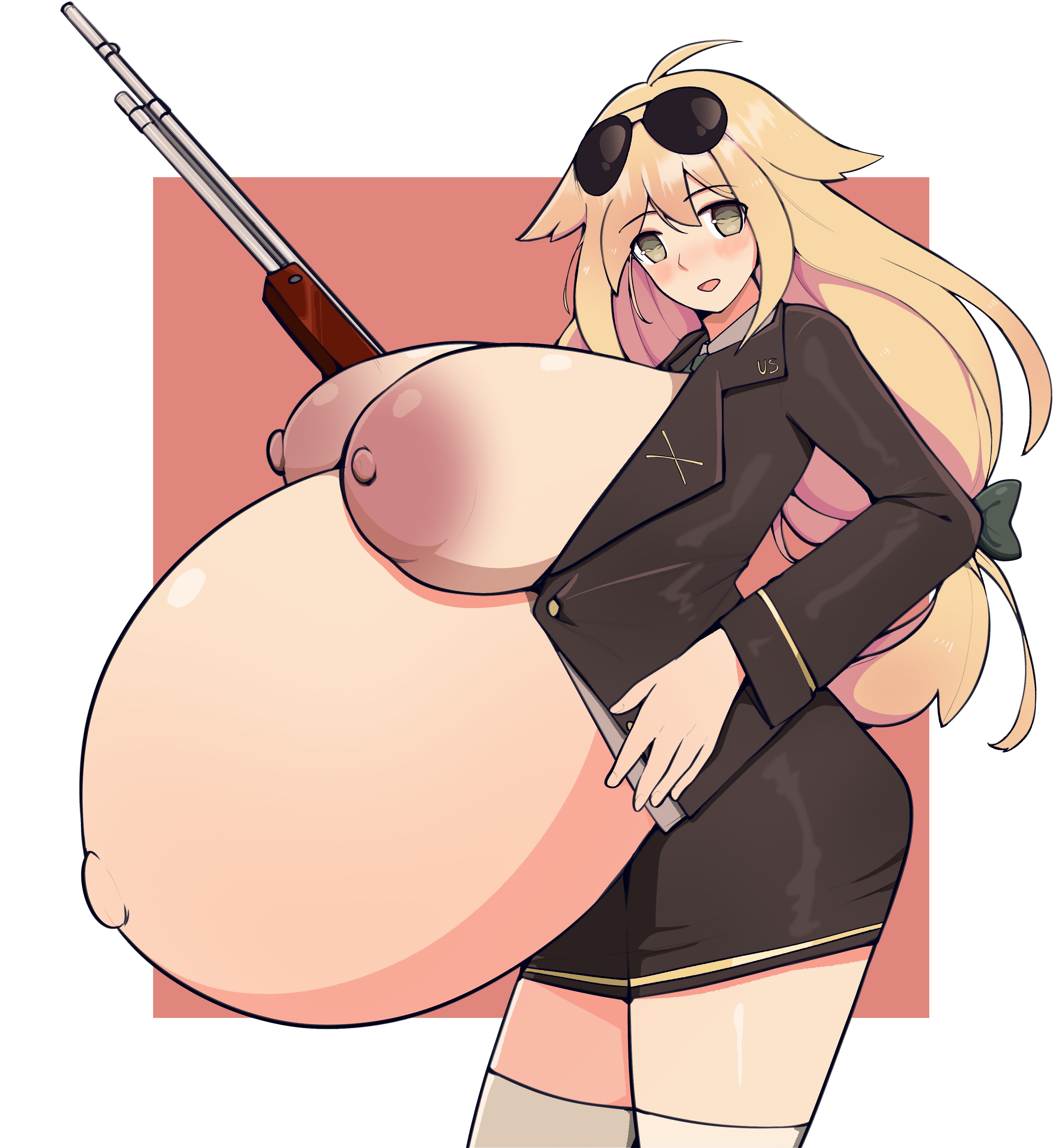 1girls, ass, belly, big ass, big belly, big breasts, blonde hair, blush, breasts, clothed, clothing, exposed breasts, female, female only, girls' frontline, green eyes, gun, hand on hip, huge belly, huge breasts, light skin, light-skinned female, long hair, looking at viewer, m1918 (girls' frontline), military uniform, necktie, pregnant, ready to pop, solo, solo focus, suit, sunglasses, sunglasses on head, tagme, uniform, zeruxu