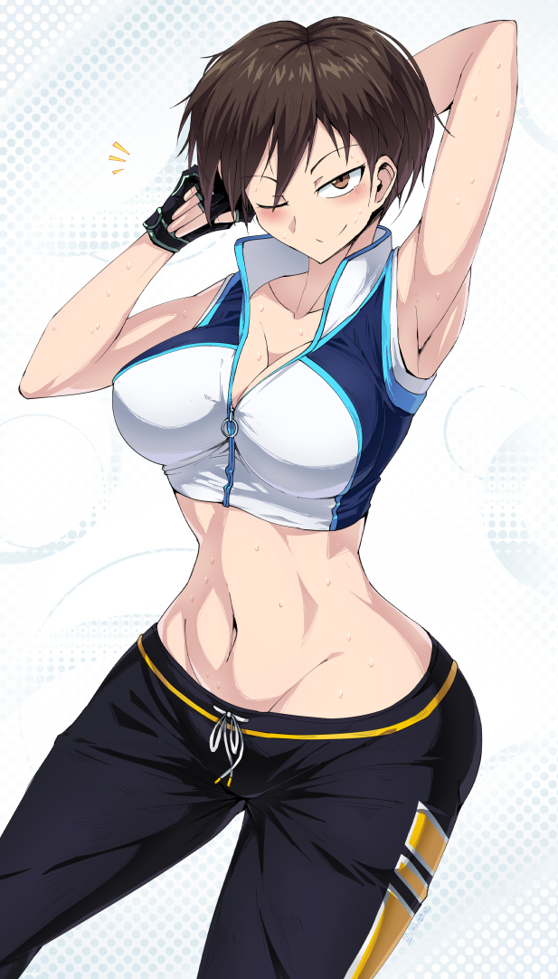 1girls breasts brown_eyes brown_hair cleavage female female_only gloves large_breasts looking_at_viewer midriff one_eye_closed original rin_(fitness_boxing) short_hair solo suzusiigasuki track_pants wide_hips yoga_pants