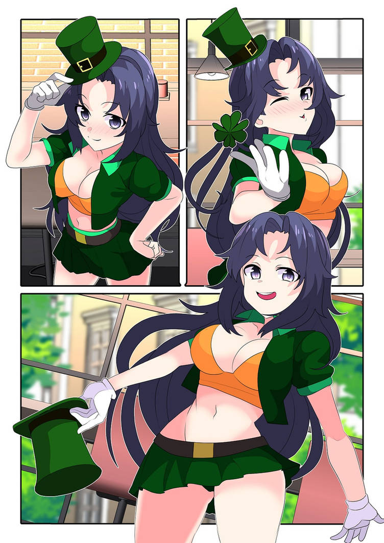 1girls ass_expansion black_hair breast_expansion breasts cleavage color colored comic comic_page cookie female female_only gender_transformation hair_growth hopetg kjus mtf_transformation rule_63 solo solo_female st._patrick's_day top_hat transformation