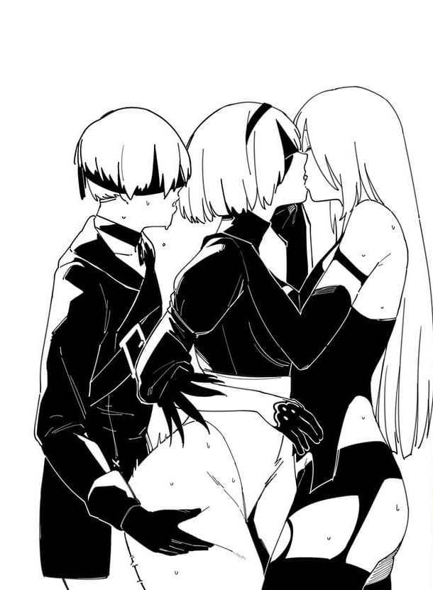 1boy, 2girls, ambiguous penetration, artist request, ass, big ass, big butt, bisexual, bisexual female, clothed sex, female, from behind, from behind position, humping, kissing, lesbian kiss, male, monochrome, nier (series), nier: automata, sex, standing sex, threesome, yorha 2b, yorha 9s, yorha a2