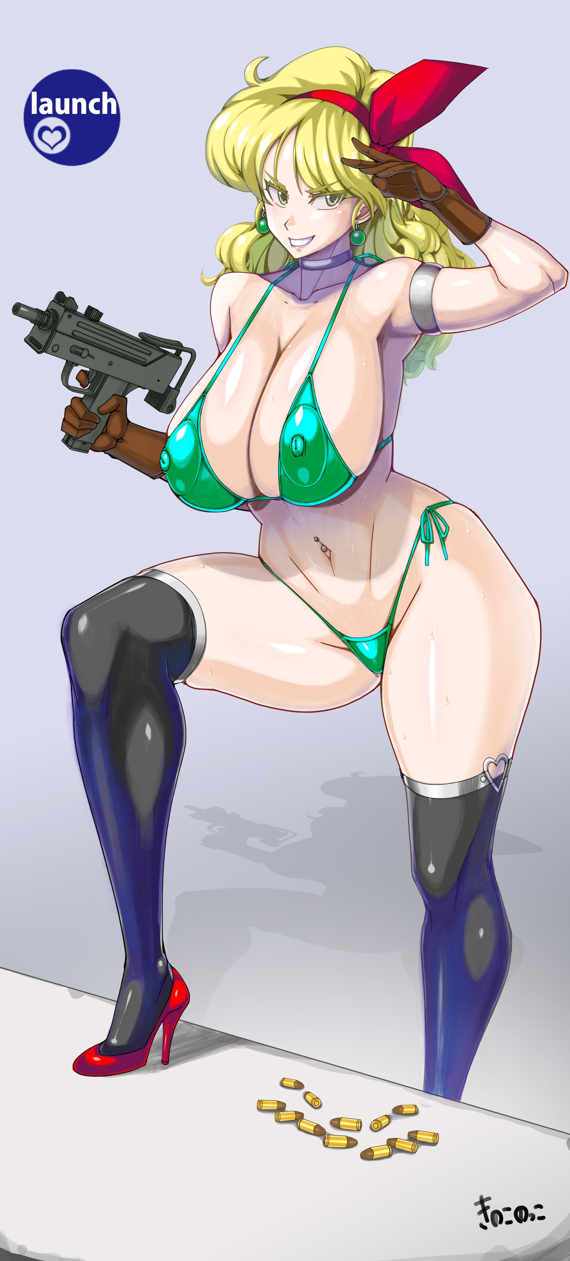 1girls, ass, bad launch, bandana, blonde hair, breasts, cameltoe, cleavage, clothing, curly hair, curvy, dragon ball, erect nipples, female, female only, firearm, green eyes, gun, handgun, high heels, huge areolae, huge ass, huge breasts, human, kinokoallstars, launch, lunch (dragon ball), mac-10, machine gun, machine pistol, nipples, pale skin, puffy nipples, pussy, solo, submachine gun, thick lips, voluptuous, weapon, wide hips