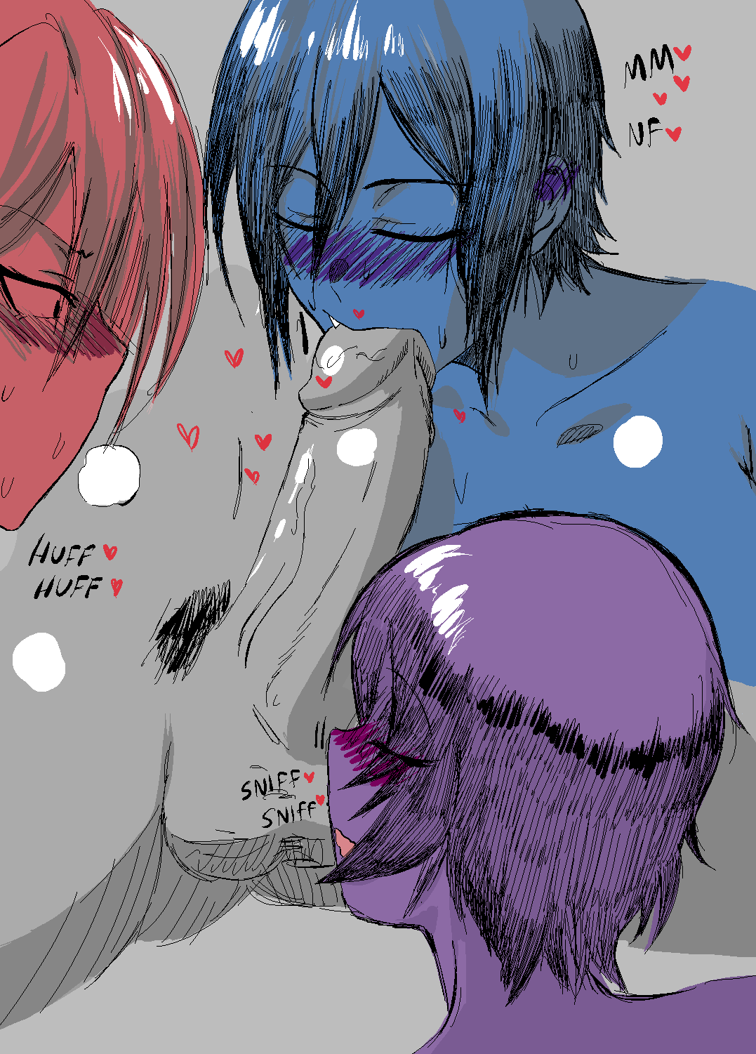 1boy 3girls annoyed ball_sniffing blue_skin blush breath closed_eyes color female gutsbro14 heart hitomi-chan_is_shy_with_strangers hitomi-chan_wa_hitomishiri hitomi_takano jealous male naked nude pleasure_face purple_skin red_skin shark_teeth sniffing sniffing_balls speech staring_at_penis sucking_penis sucking_tip text tomboy veiny_penis