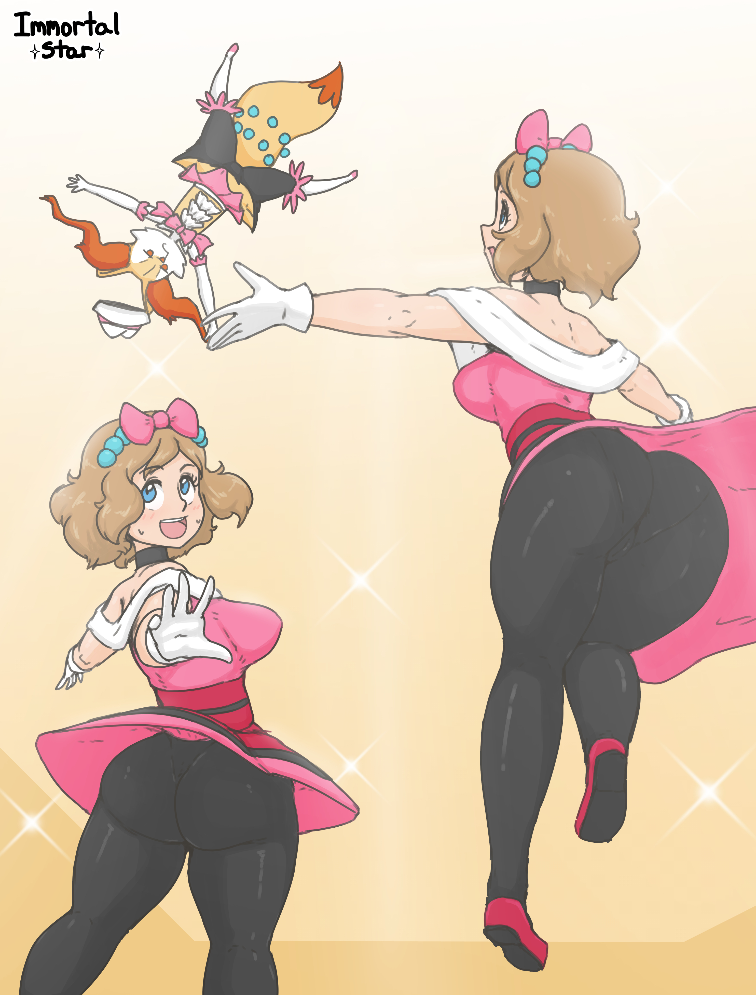 1girls, 2021, absurd res, ass, bare shoulders, blue eyes, bow, braixen, breasts, brown hair, cameltoe, choker, dress, female, female only, hairbow, hi res, honey hair, immortalstar, jpeg, looking at another, nintendo, olm (studio), panties, pantyhose, pokemon, pokemon (anime), pokemon (species), pokemon xy, pokemon xy (anime), pussy, serena (pokemon), short hair, showcase outfit, sideboob, skirt, upskirt