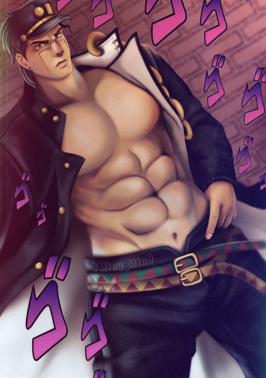 1boy abs bara belly_button exposed_pecs jojo's_bizarre_adventure jotaro_kujo looking_at_viewer male male_only menacing_(jojo) min9 muscular_male open_jacket pecs solo solo_male stardust_crusaders