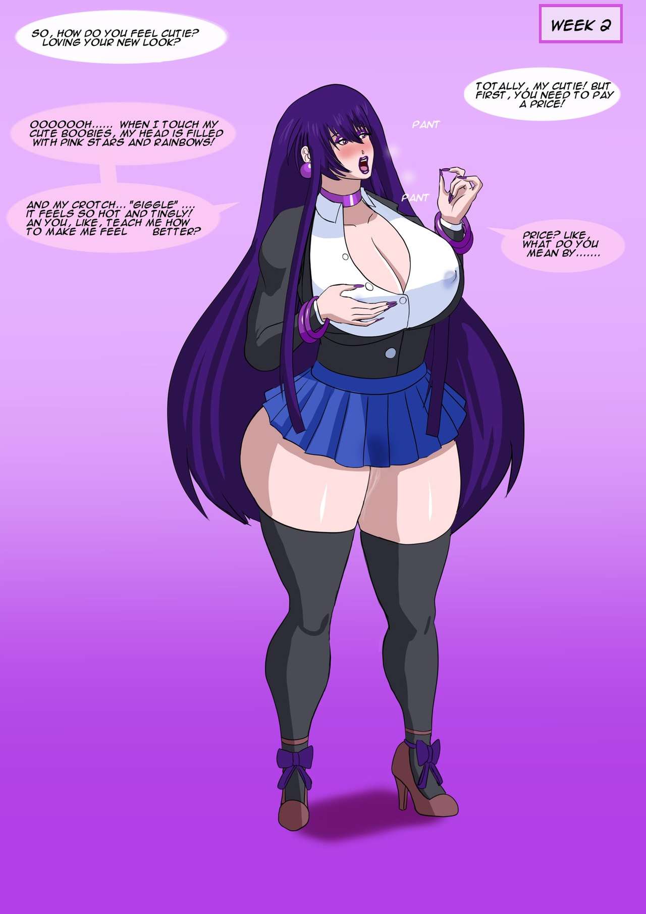 annon, before and after, bimbo, bimbofication, bracelets, brain drain, breast expansion, breast growth, breast growth (enlargement), breasts, choker, date a live, dialogue, earrings, eyeshadow, female, high heels, jewelry, makeup, nipples, purple hair, purple lipstick, text, transformation, yatogami tohka