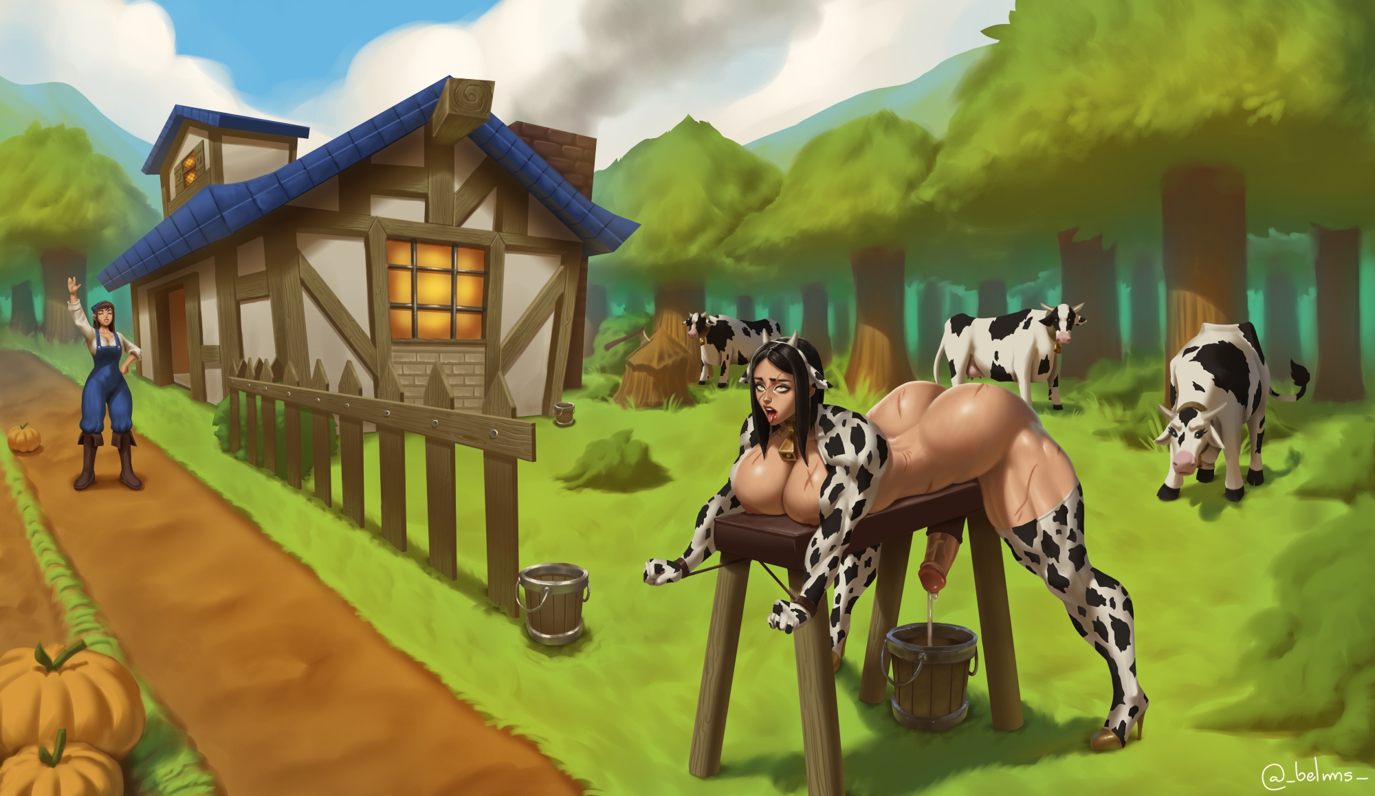 1futa, 1girls, ahe gao, ass, belms, bent over, big breasts, breasts, bucket, clothed, clothing, cow, cow ears, cow print, cum, cum in bucket, cum in container, cumshot, detailed background, dickgirl, ejaculation, erection, farm, female, feral, fully clothed, futa focus, futa with female, futanari, futasub, hands-free, handsfree ejaculation, high heels, huge ass, huge cock, human, human cattle, intersex, light skin, light-skinned female, light-skinned futa, milking, muscular, muscular futa, nude, orgasm, outside, penis, penis milking, rolling eyes, semen, shrug (clothing), solo focus, standing, thighhighs, tongue, tongue out, wide hips, world of warcraft