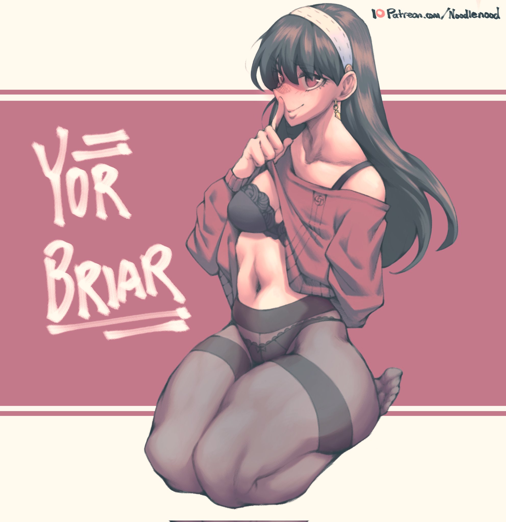 1girls, aroodnoodle, black hair, blush, bra, breasts, female, female only, hi res, kneeling, noodlenood, panties, pantyhose, red eyes, shushing, solo, spy x family, thick thighs, thighs, yor briar, yor forger