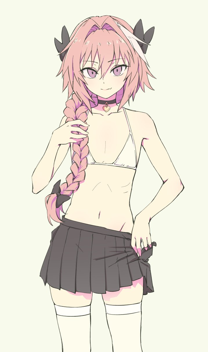 1boy 2017 astolfo_(fate) blush bow bra braid choker clothing crossdressing fangs fate/apocrypha fate/grand_order fate_(series) femboy girly hair_between_eyes hair_over_shoulder hair_ribbon hand_on_hair heart heart_choker highlights highres long_hair long_ponytail looking_at_viewer male male_only navel pas_(paxiti) pink_hair pleated_skirt ponytail pulled_by_self purple_eyes ribbon ribs simple_background single_braid skindentation skirt skirt_pull smile solo standing thighhighs thighs tied_hair underwear undressing white_background white_bra white_highlights zettai_ryouiki