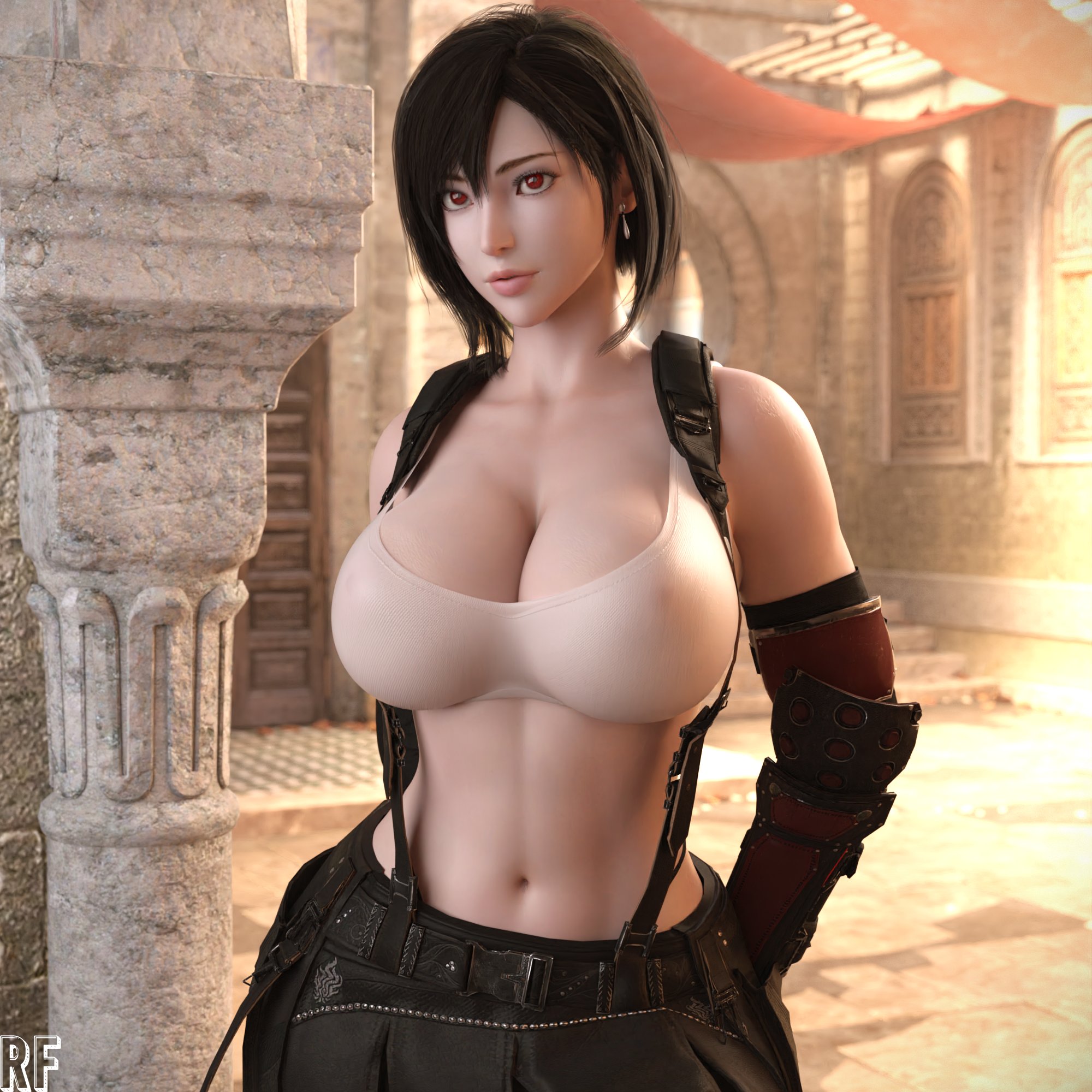 1girls, 3d, absurd res, black hair, breasts, cleavage, female, female only, final fantasy, final fantasy vii, hi res, large breasts, red eyes, rude frog, solo, tifa lockhart