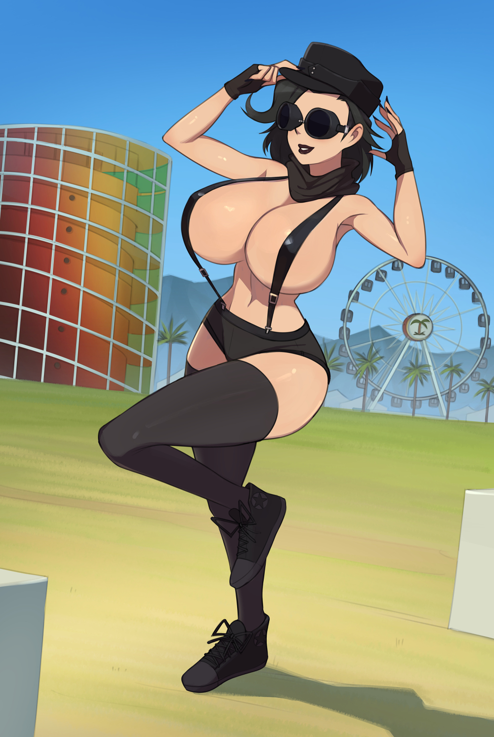 armpits barleyshake black_hair black_lipstick black_nails cap commission converse ferris_wheel fingerless_gloves goggles hat millennia_gotthard millennium4ever minishorts mountain outside pale_skin palm_tree scarf short_hair shorts stockings suspenders the_gotthards