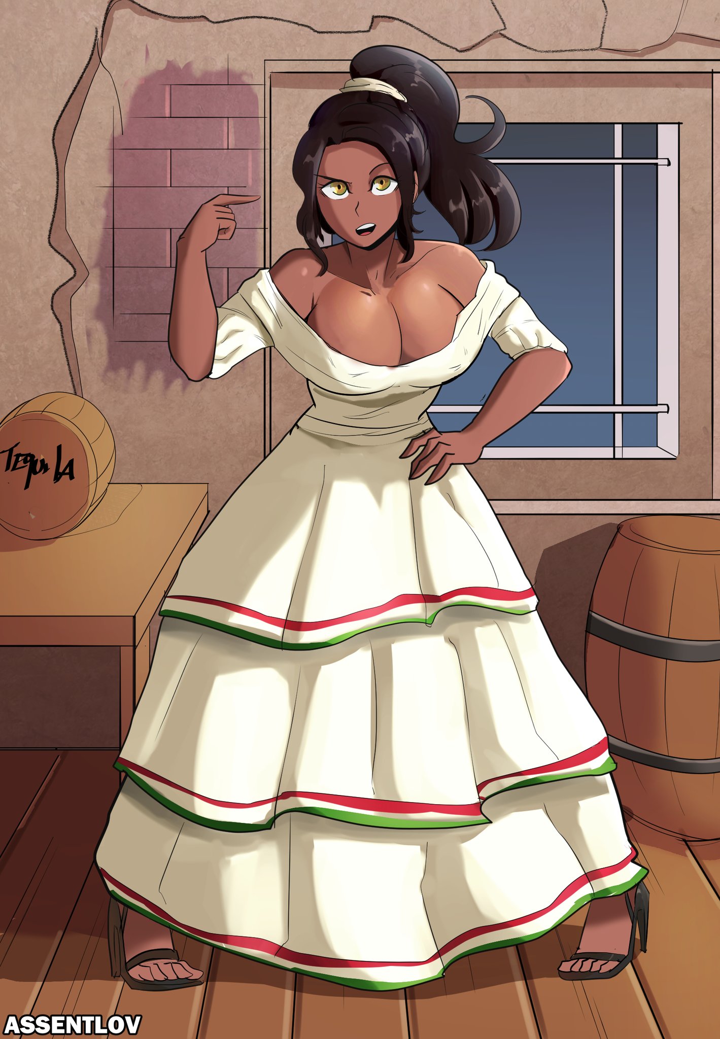 assentlov, black hair, breasts, dark skin, dark-skinned female, dress, female, heels, latina, looking at viewer, mexican, mexican female, original, victoria de la rosa pérez, voluptuous, yellow eyes