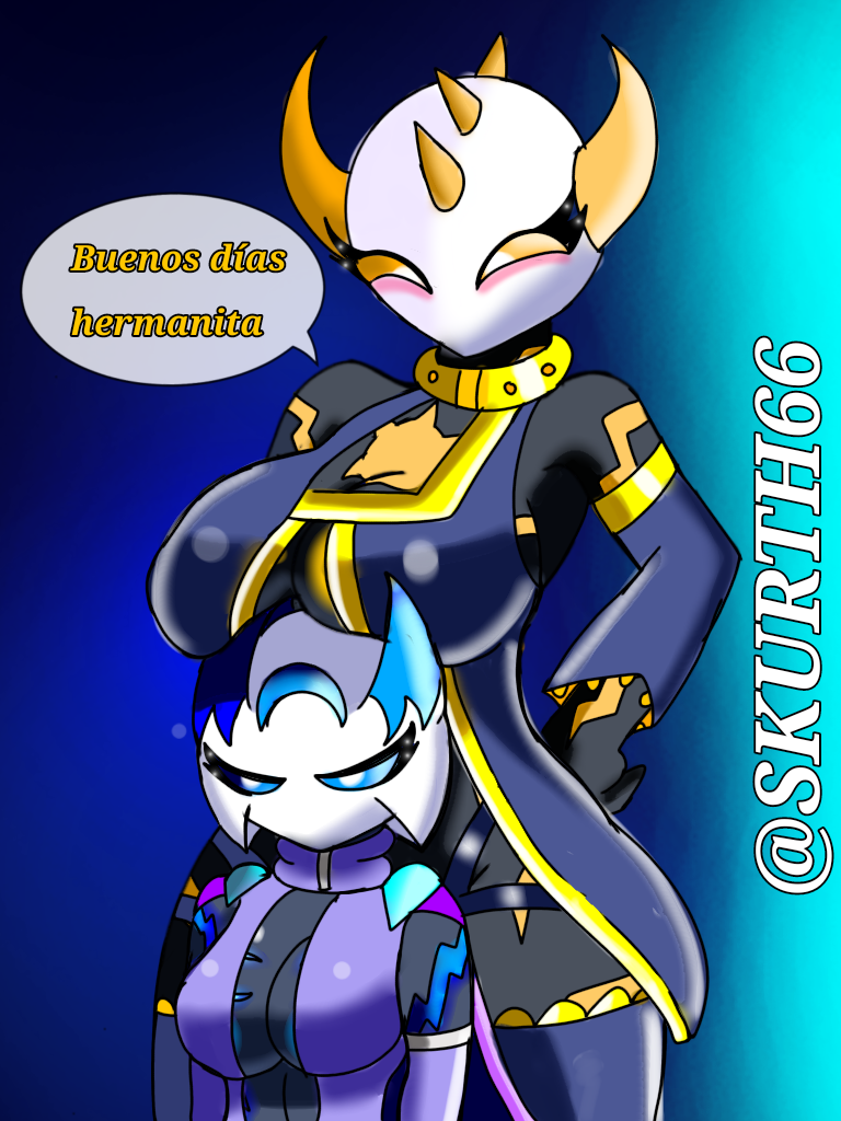 2girls angry anthro black_body blue_eyes blush body_markings boobs_on_head breasts clothed dialogue duo eyelashes fan_character female female_only happy hollow_knight horn horns insect insect_girl insects luna_(skur) oc siblings simple_background sisters skurth66 sol spanish_text speech_bubble standing yellow_eyes