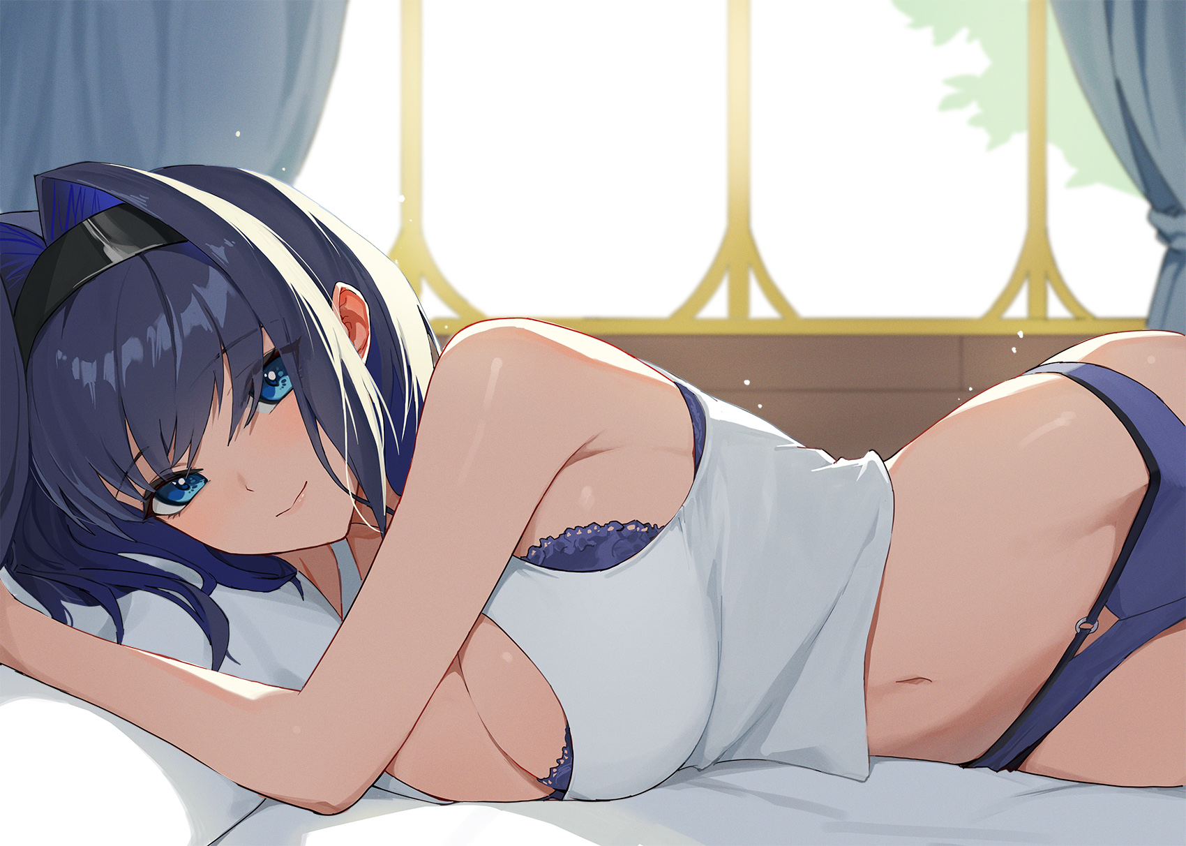 1girls, 2022, bed, black hair, blue eyes, cleavage, female, female only, hairband, hololive, hololive english, hololive english -council-, hololive english -promise-, in bed, jason kim, morning, ouro kronii, panties, solo, solo focus, staring at viewer, tank top, underwear, virtual youtuber, wholesome