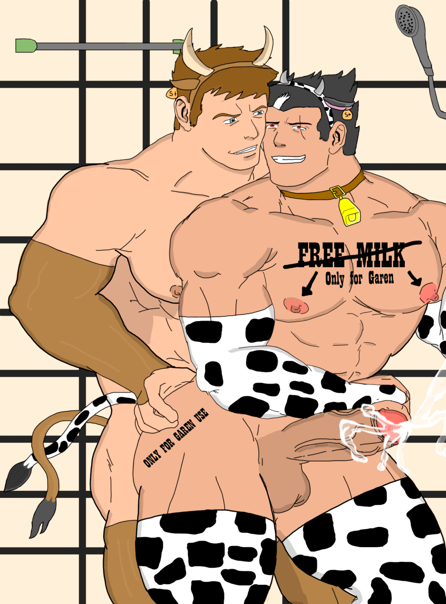 2boys bara big_balls big_chest black_hair black_hair_bottom blue_eyes brown_hair brown_hair_on_black_hair brown_hair_top costume cow_bell cow_costume cum cum_shot cum_string darius_(league_of_legends) domination ejaculation erect_nipples erection eyes_rolling_back from_behind garen_crownguard gay gay_sex hand_on_hip happy happy_sex head_ornament horn huge_balls huge_cock imminent_sex large_pectorals league_of_legends light_hair_on_dark_hair looking_at_another love male_focus male_nipples males_only muscular muscular_male nipples orgasm orgasm_face passionate pectorals penis red_eyes scar_across_eye shower strong tail tattoo testicles thick_arms thick_legs uncensored zzzone