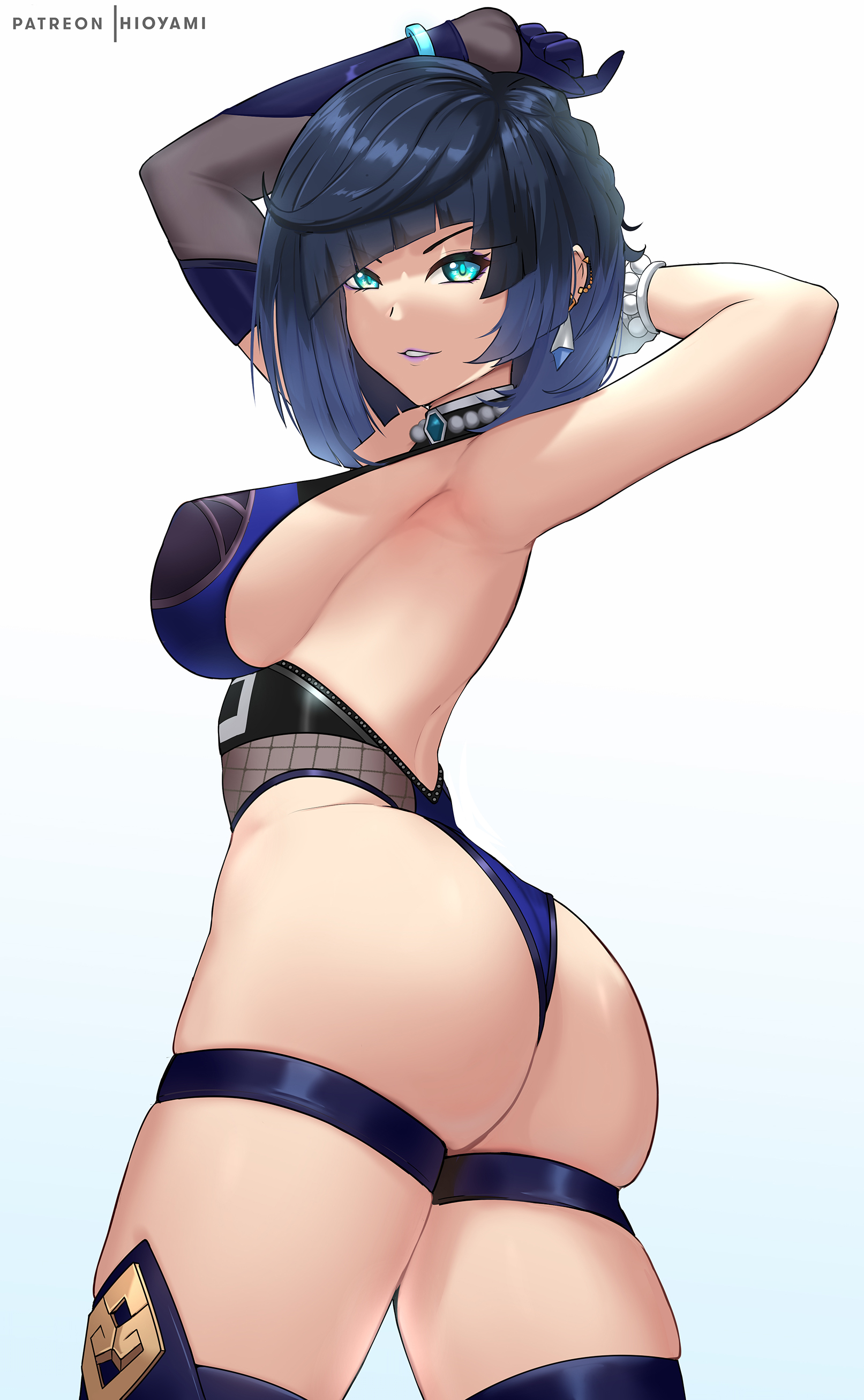 1girls, 2022, armpits, arms above head, arms up, ass, black hair, blue clothing, breasts, female, female only, genshin impact, green eyes, highleg leotard, hioyami, hips, large ass, large breasts, leotard, short hair, slim waist, thick thighs, thighs, wedgie, wide hips, yelan (genshin impact)